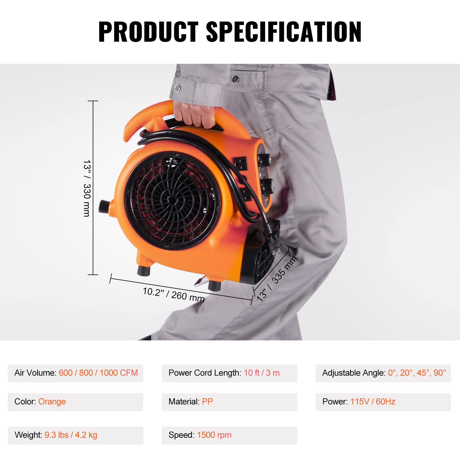 Foto 7 | Secador De Alfombras Air Mover Vevor 1/4 Hp 1000 Cfm 115 V Con Temporizador - Venta Internacional.