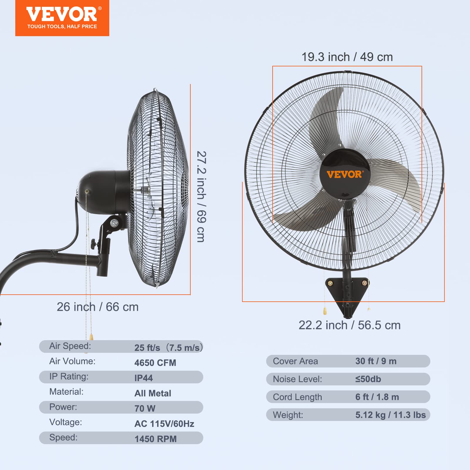 Foto 8 pulgar | Ventilador De Pared Vevor De 20 Pulgadas, Oscilante, 3 Velocidades, 4650 Cfm - Venta Internacional.
