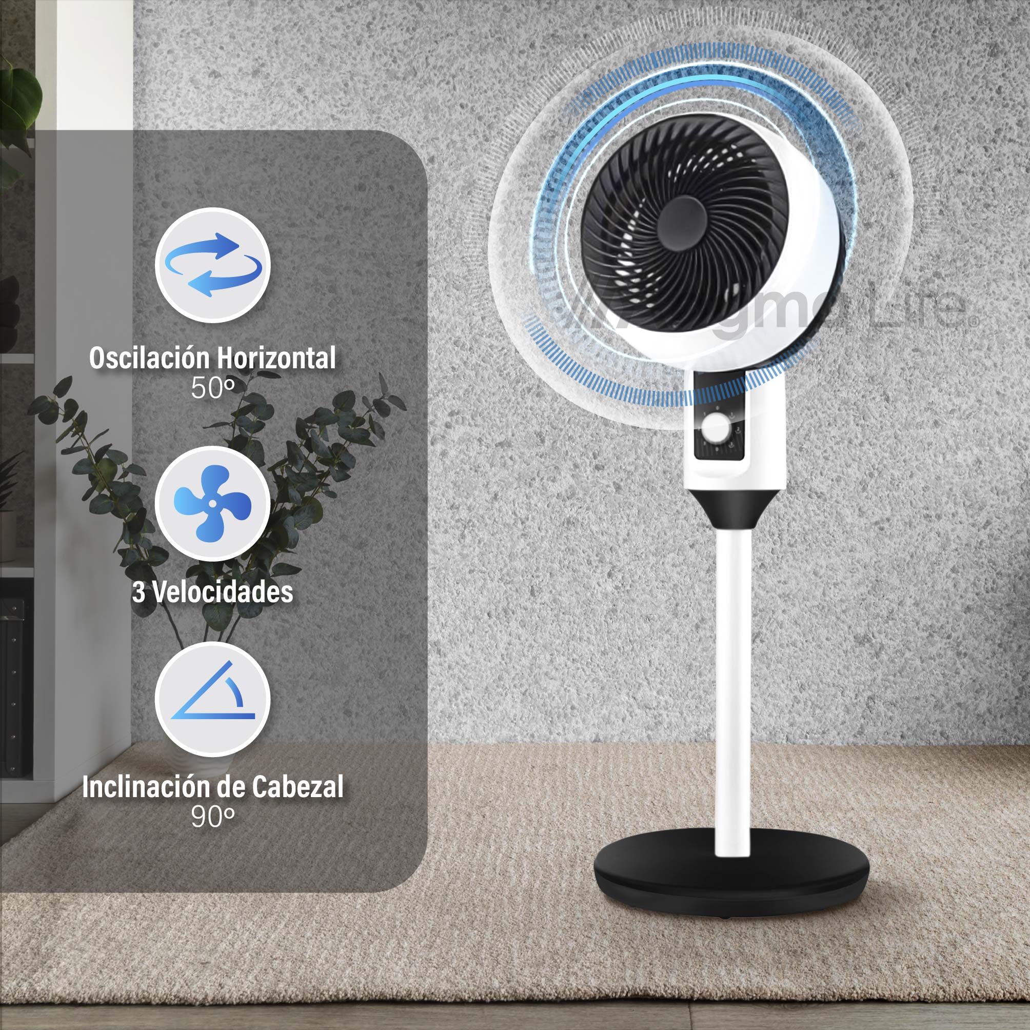 Foto 4 | Magma Life Ventilador De Pedestal 45w, 3 Velocidades, Altura Ajustable, Circulación De Aire Potente, Oscilación 50°