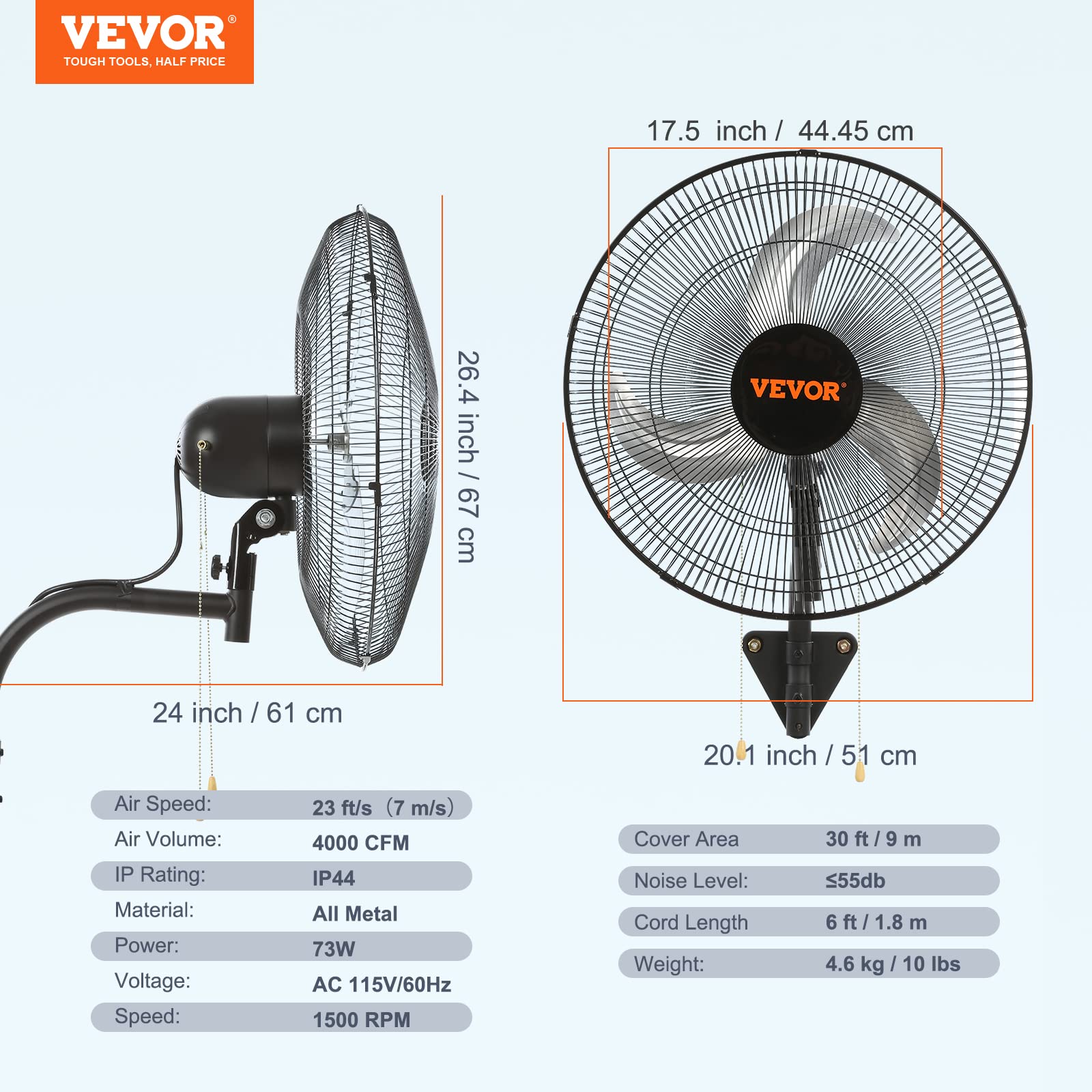 Foto 8 pulgar | Ventilador De Pared Vevor De 18 Pulgadas, Oscilante, 3 Velocidades, 4000 Cfm - Venta Internacional.