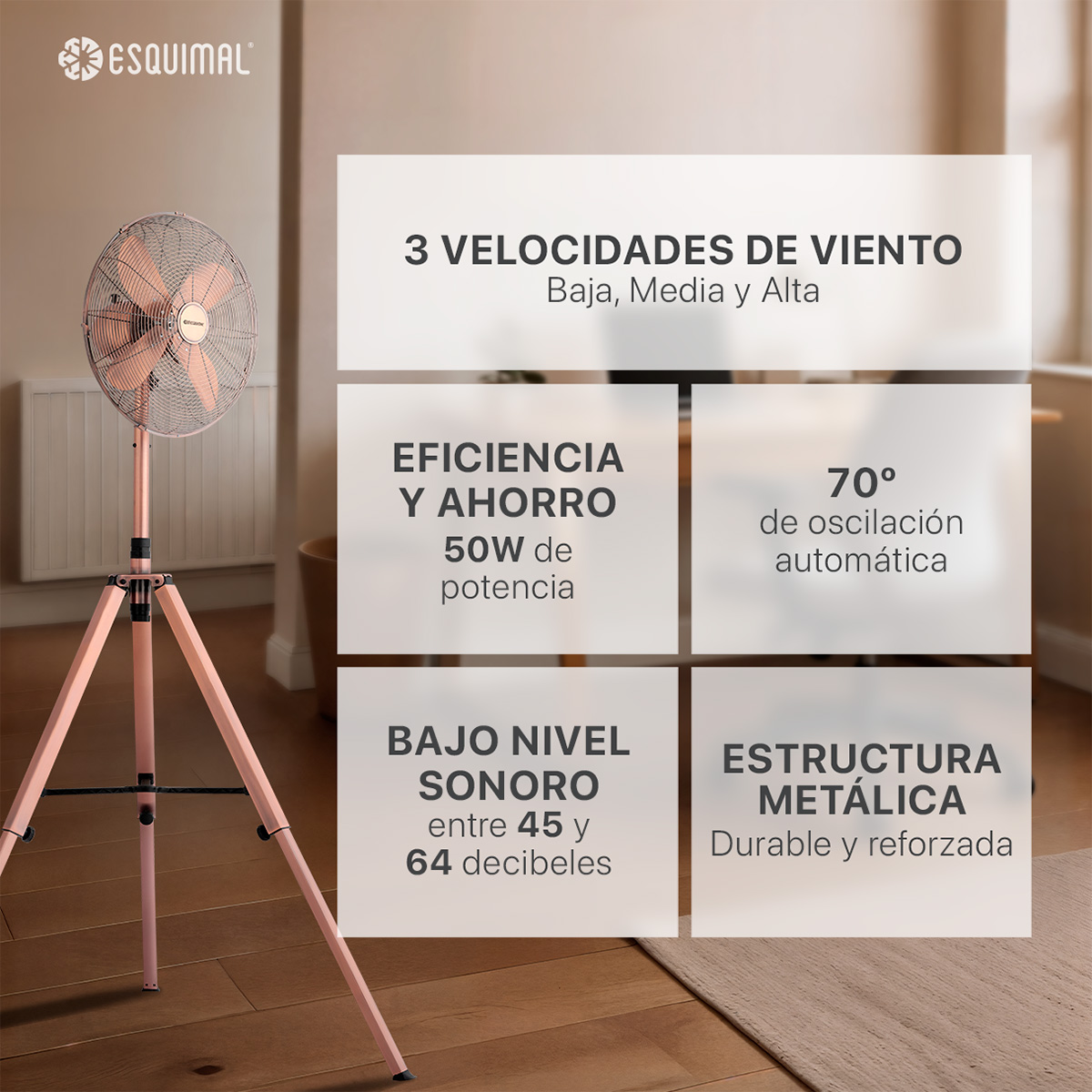 Foto 7 pulgar | Ventilador Con Tripié Esquimal, Aspas De Aluminio, Altura Ajustable, Oscilación 70°, 3 Velocidades