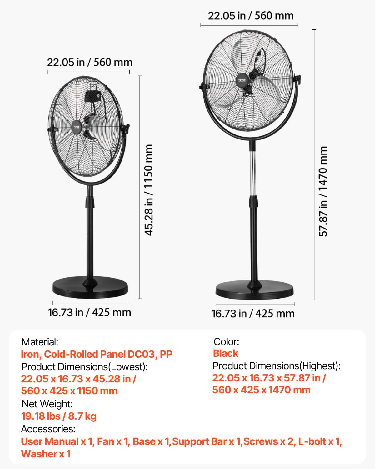 Foto 7 | Ventilador De Pedestal Vevor Industrial De 18 Pulgadas Con Altura Ajustable - Venta Internacional.