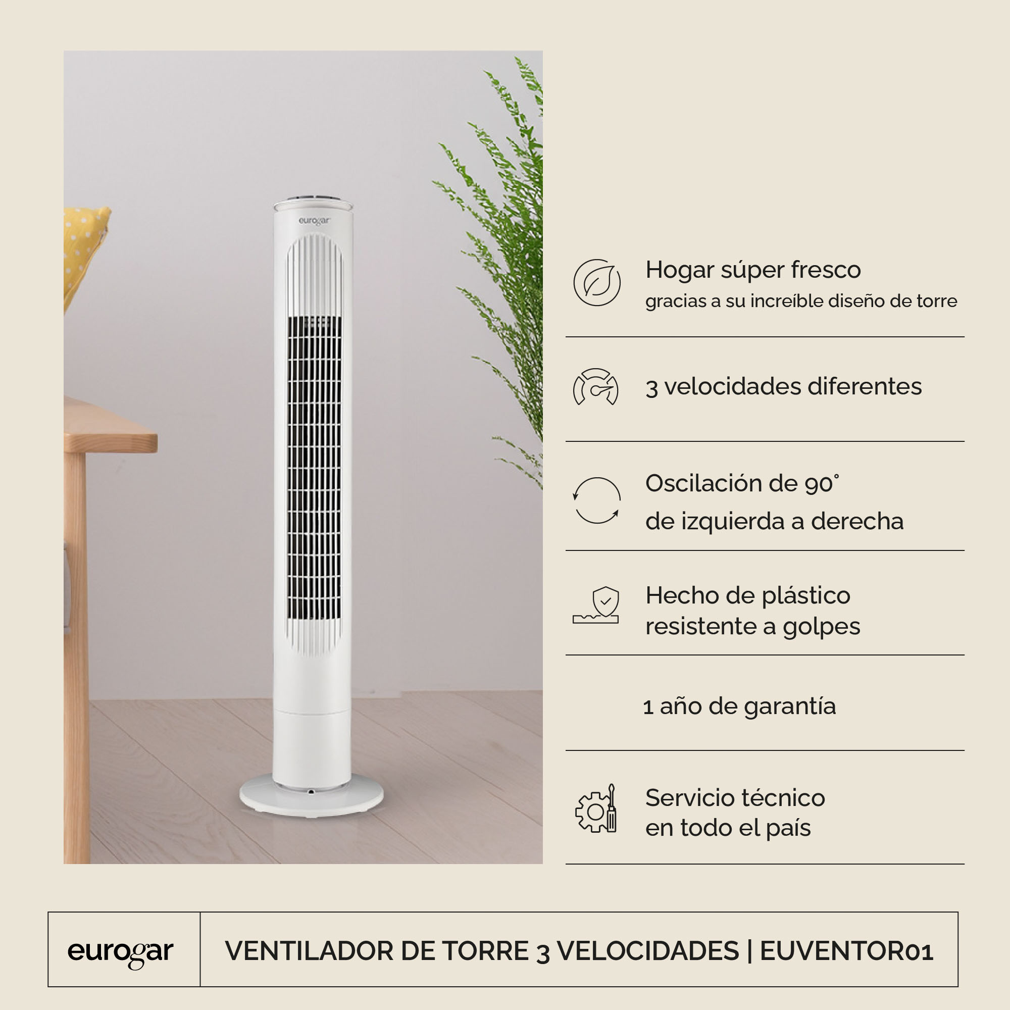 Foto 3 pulgar | Ventilador de Torre 35” 3 Velocidades Oscilación Eurogar Euventor01