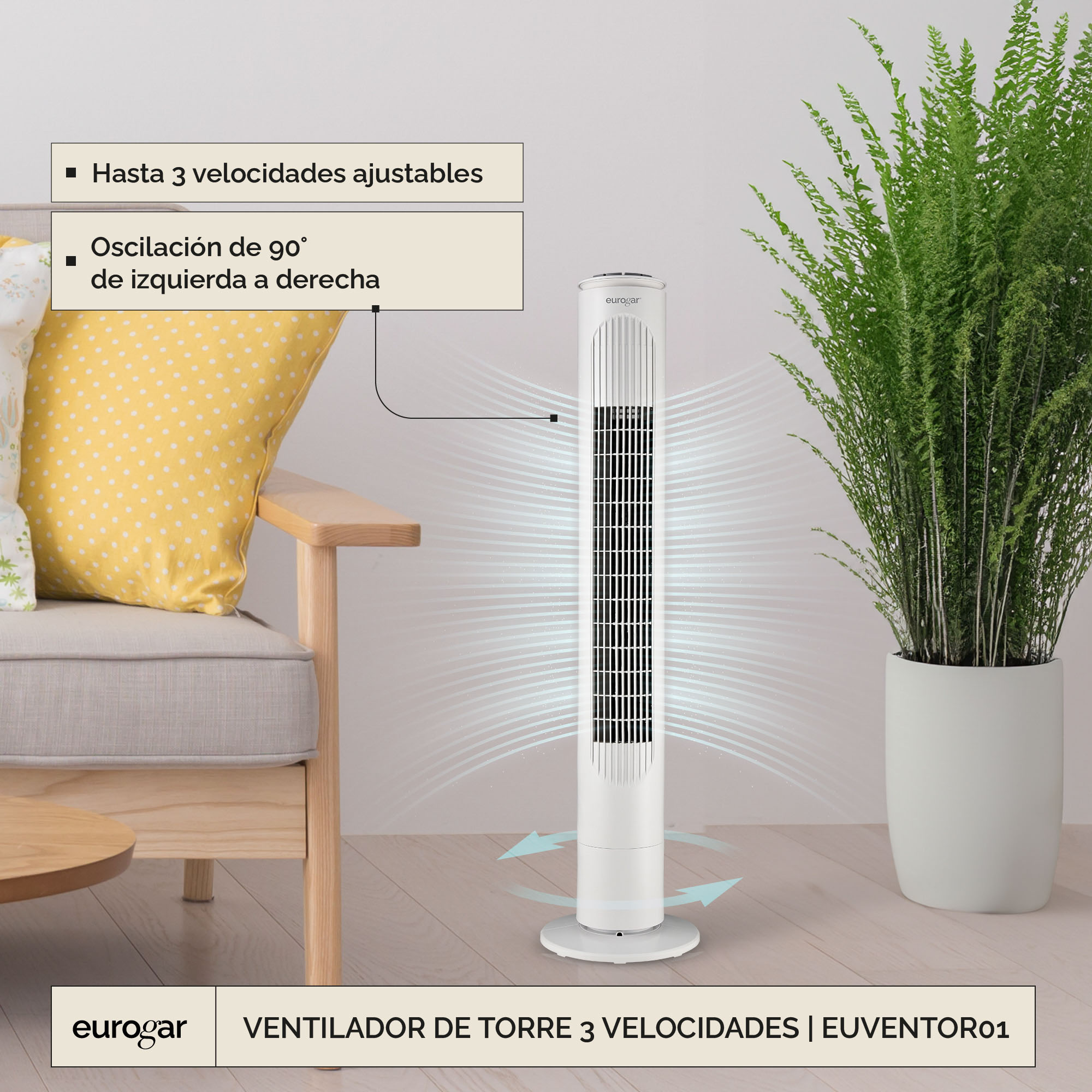 Foto 5 | Ventilador de Torre 35” 3 Velocidades Oscilación Eurogar Euventor01