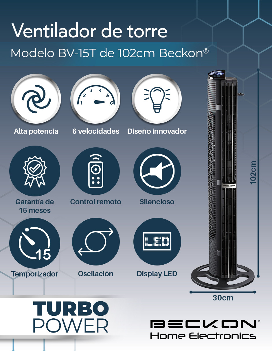 Foto 3 pulgar | Ventilador de Torre Turbo Power Beckon 6 Velocidades + Control Remoto