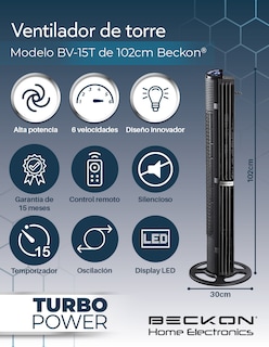 Foto 2 | Ventilador de Torre Turbo Power Beckon 6 Velocidades + Control Remoto