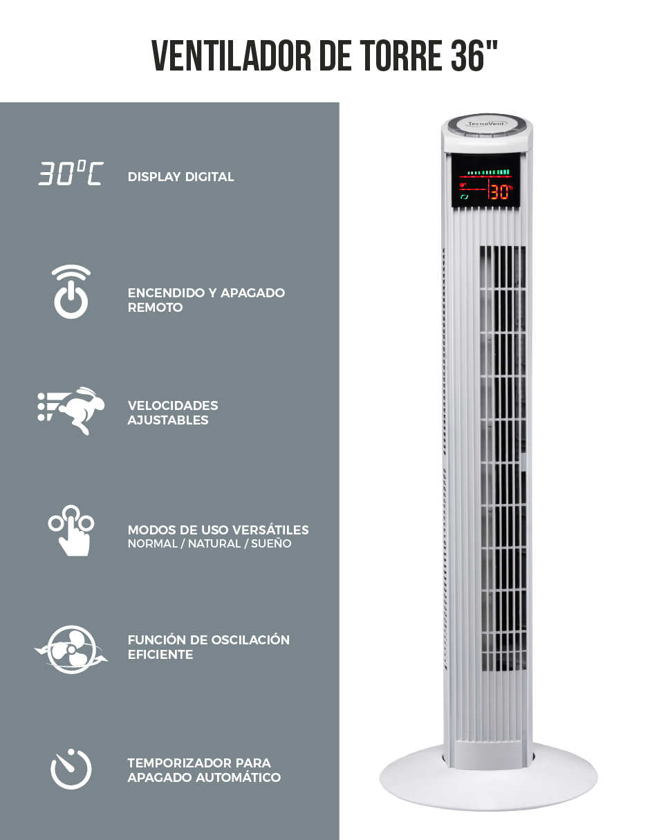 Foto 4 pulgar | Ventilador De Torre Tecnovent 36 Pulgadas Con Control Remoto