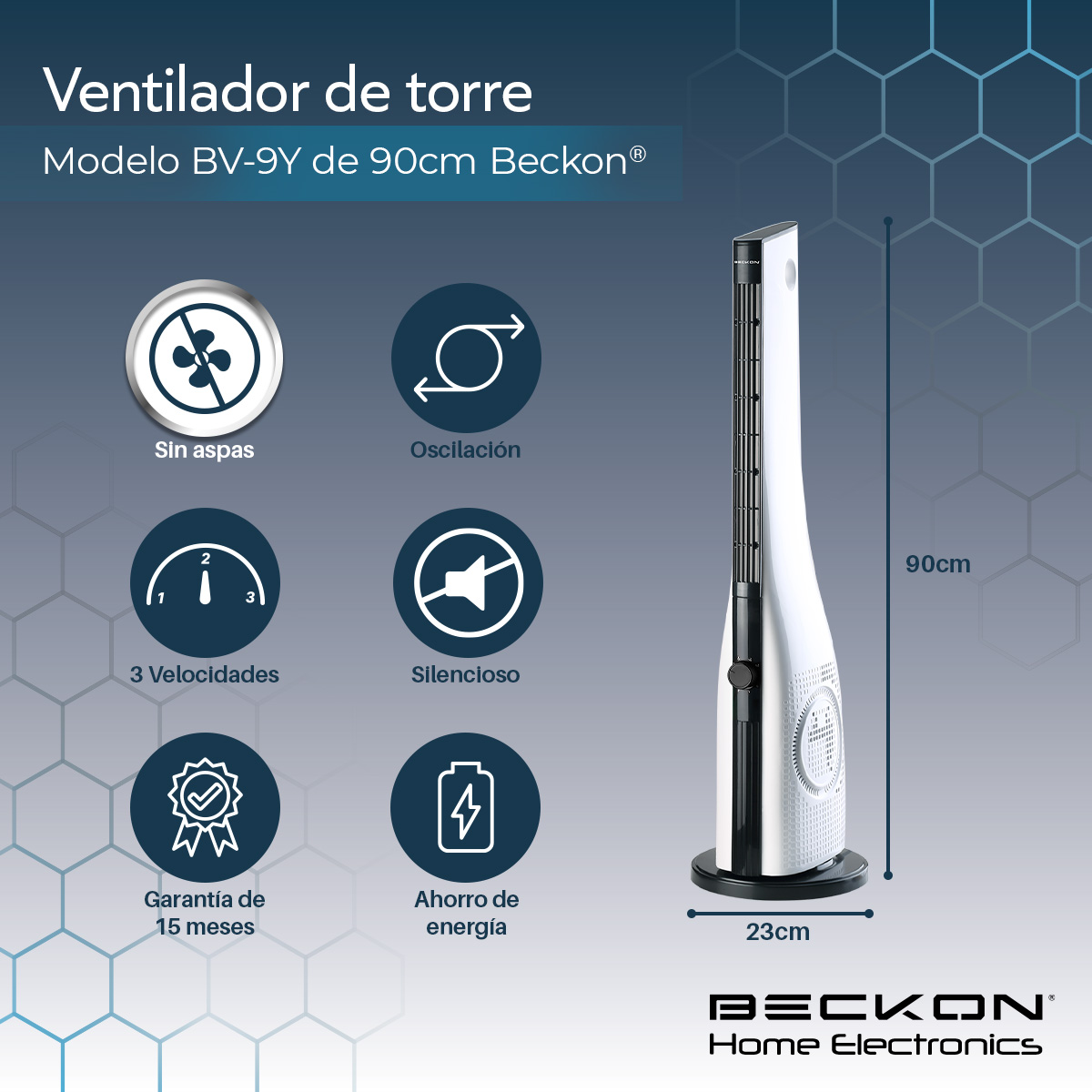 Foto 3 pulgar | Ventilador De Torre Sin Aspas Bladeless Bv-9y Blanco Ultra Silencioso Con Oscilación 90cm De Alto Beckon