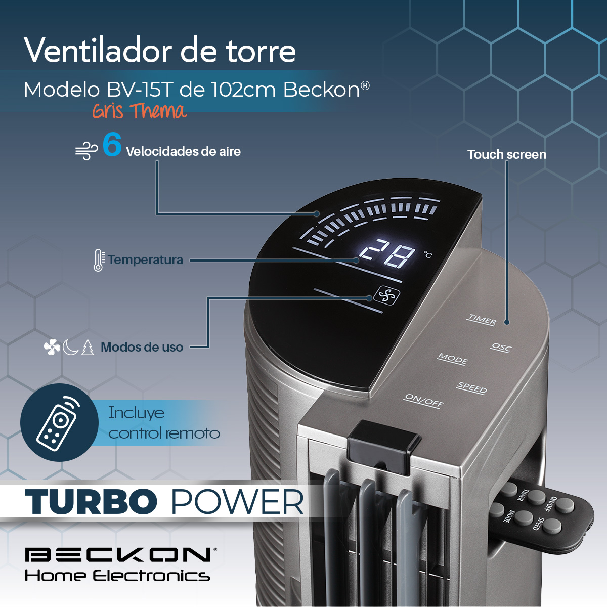 Foto 3 pulgar | Ventilador de Torre Beckon Turbo Power 6 Vel 102 cm de Alto + Control Remoto + Oscilación + Modos de Uso + Temporizador