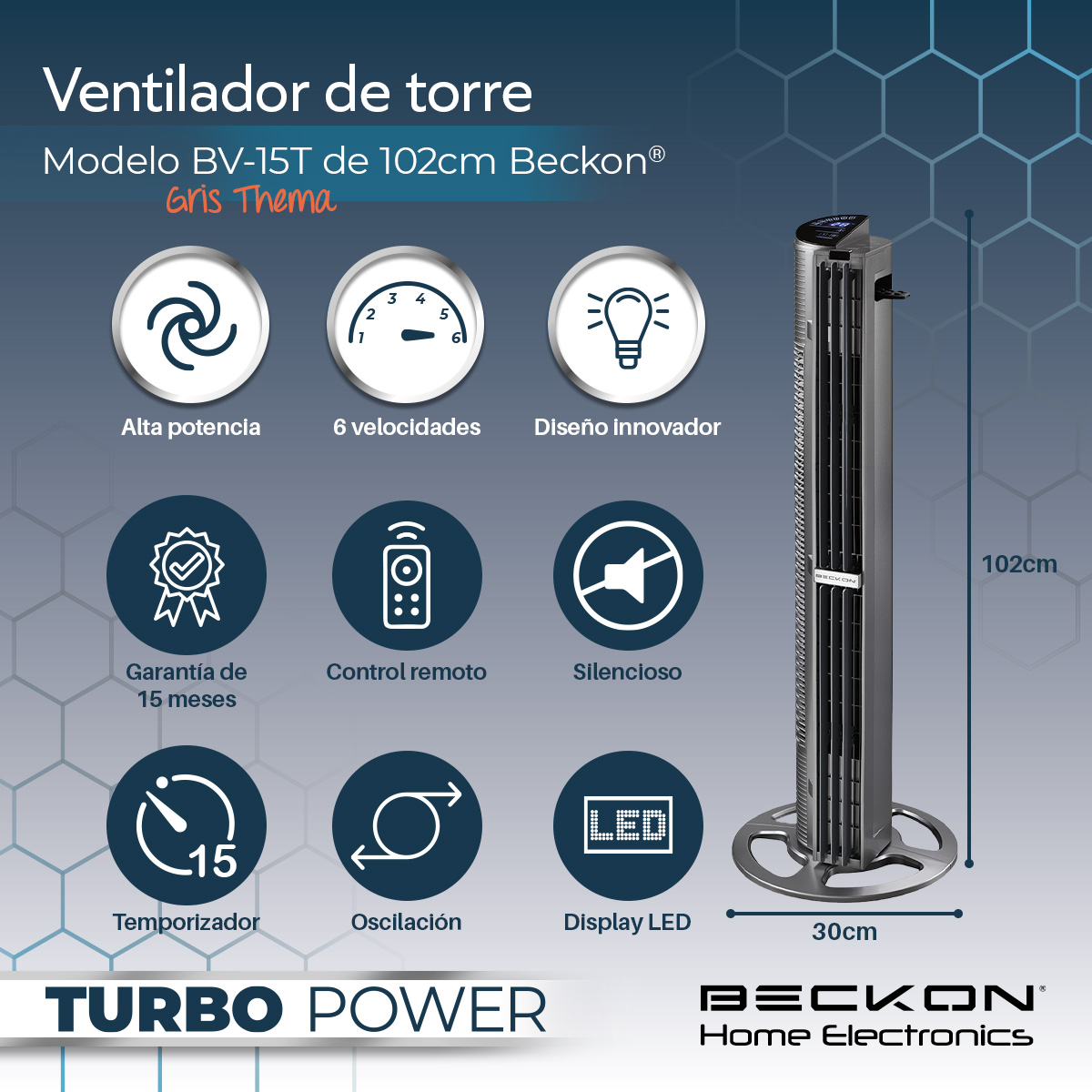 Foto 4 pulgar | Ventilador de Torre Beckon Turbo Power 6 Vel 102 cm de Alto + Control Remoto + Oscilación + Modos de Uso + Temporizador