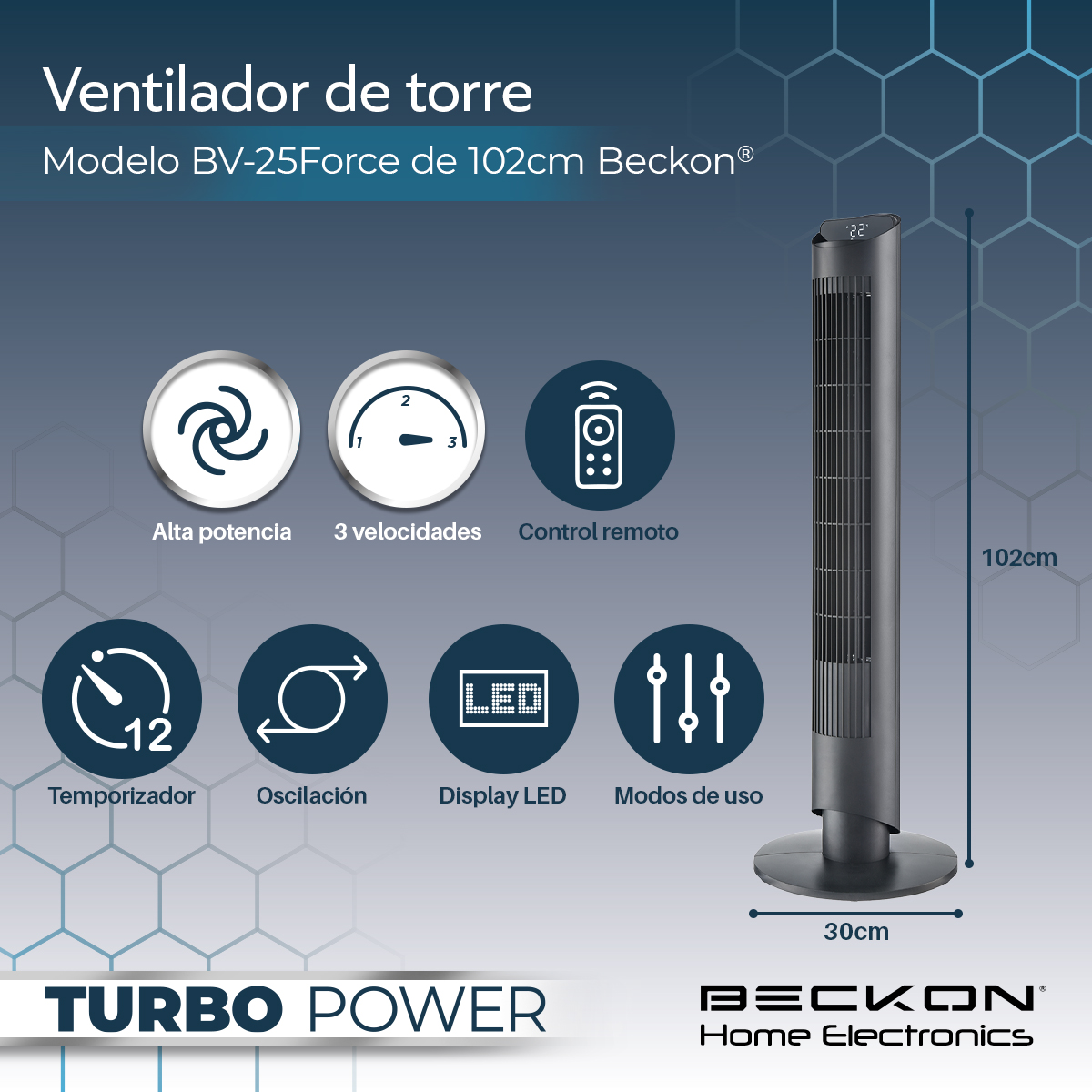 Foto 3 pulgar | Ventilador De Torre Beckon Turbo Power De 102 Cm De Alto 3 Velocidades +control Remoto +oscilación Temporizador