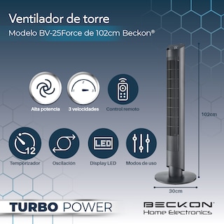Foto 2 | Ventilador De Torre Beckon Turbo Power De 102 Cm De Alto 3 Velocidades +control Remoto +oscilación Temporizador