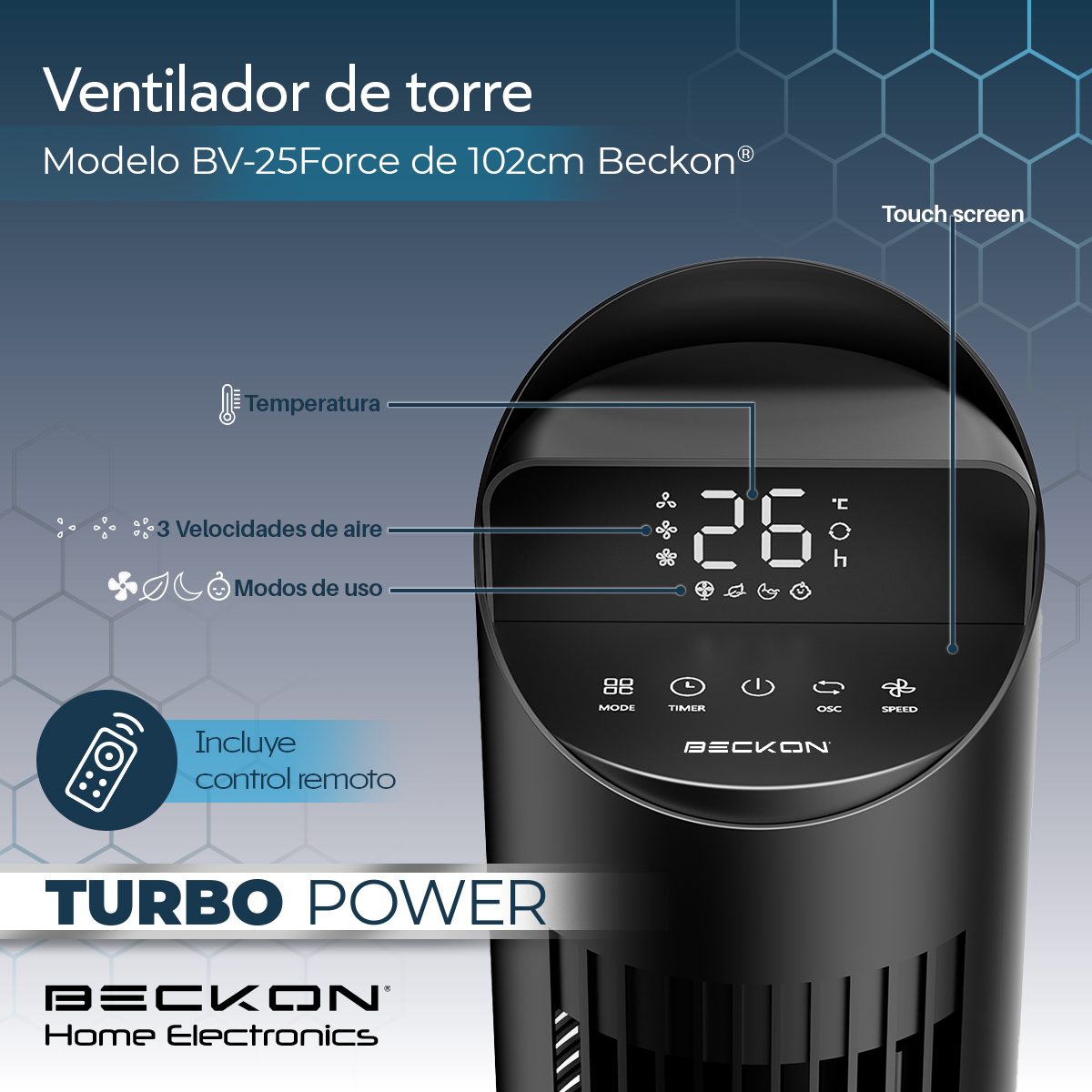 Foto 4 pulgar | Ventilador De Torre Beckon Turbo Power De 102 Cm De Alto 3 Velocidades +control Remoto +oscilación Temporizador
