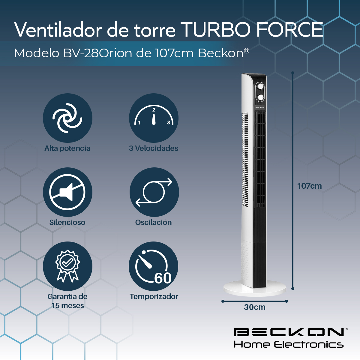 Foto 3 pulgar | Ventilador de Torre Bv-28 Orion Turbo Force 107 cm de Alto Silencioso Con Oscilación Beckon