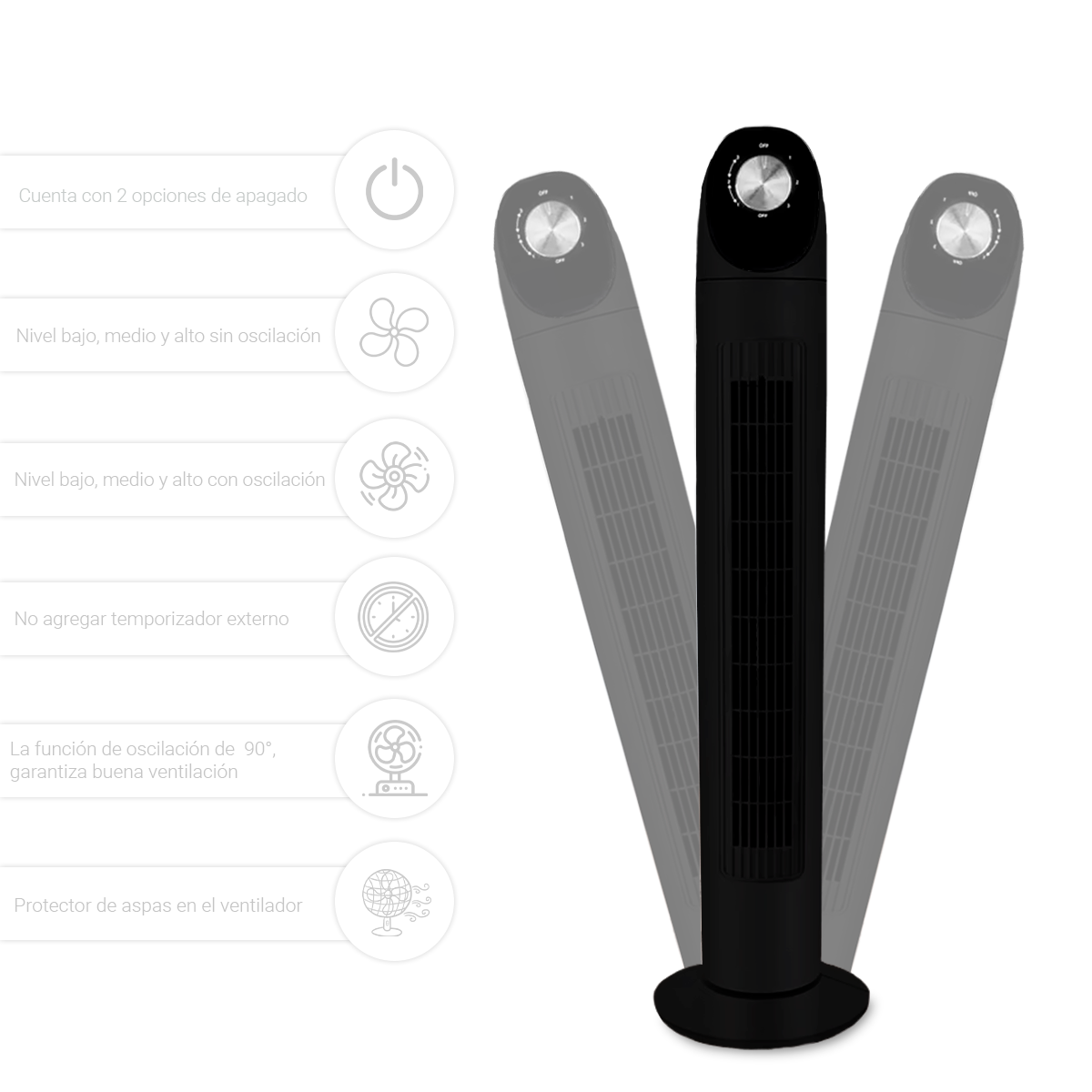 Foto 3 | Ventilador De Torre Abanico Oscilante Silencioso Panel Negro