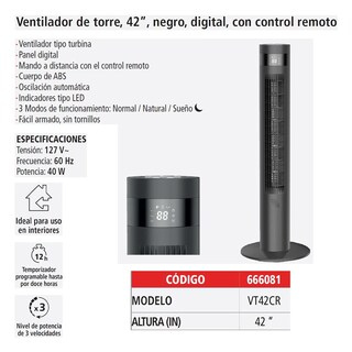 Foto 4 | Ventilador De Torre 42'' Digital Iusa Con Control Remoto 3 Velocidades Negro