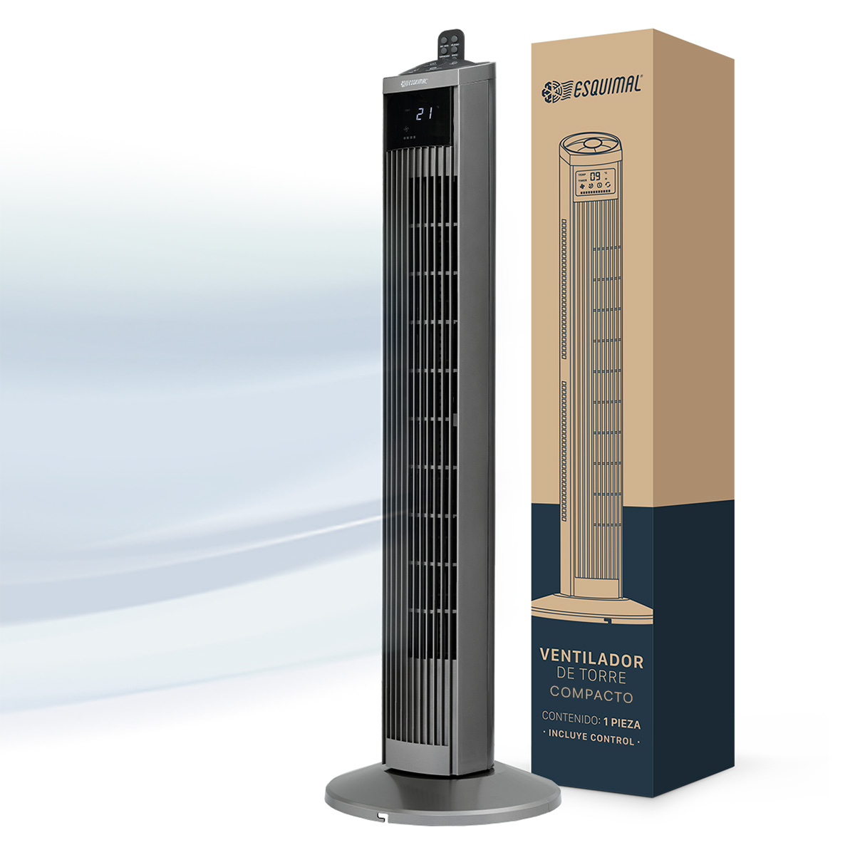 Ventilador De Torre 95 Cm Esquimal Color Titanio Silencioso, Oscilante 70°, 3 Velocidades Con Control Remoto