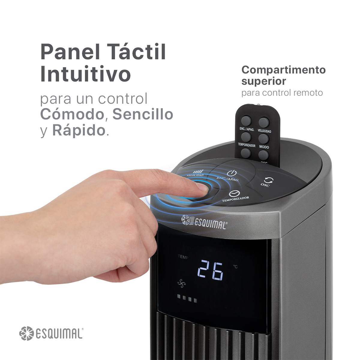 Foto 4 pulgar | Ventilador De Torre 95 Cm Esquimal Color Titanio Silencioso, Oscilante 70°, 3 Velocidades Con Control Remoto