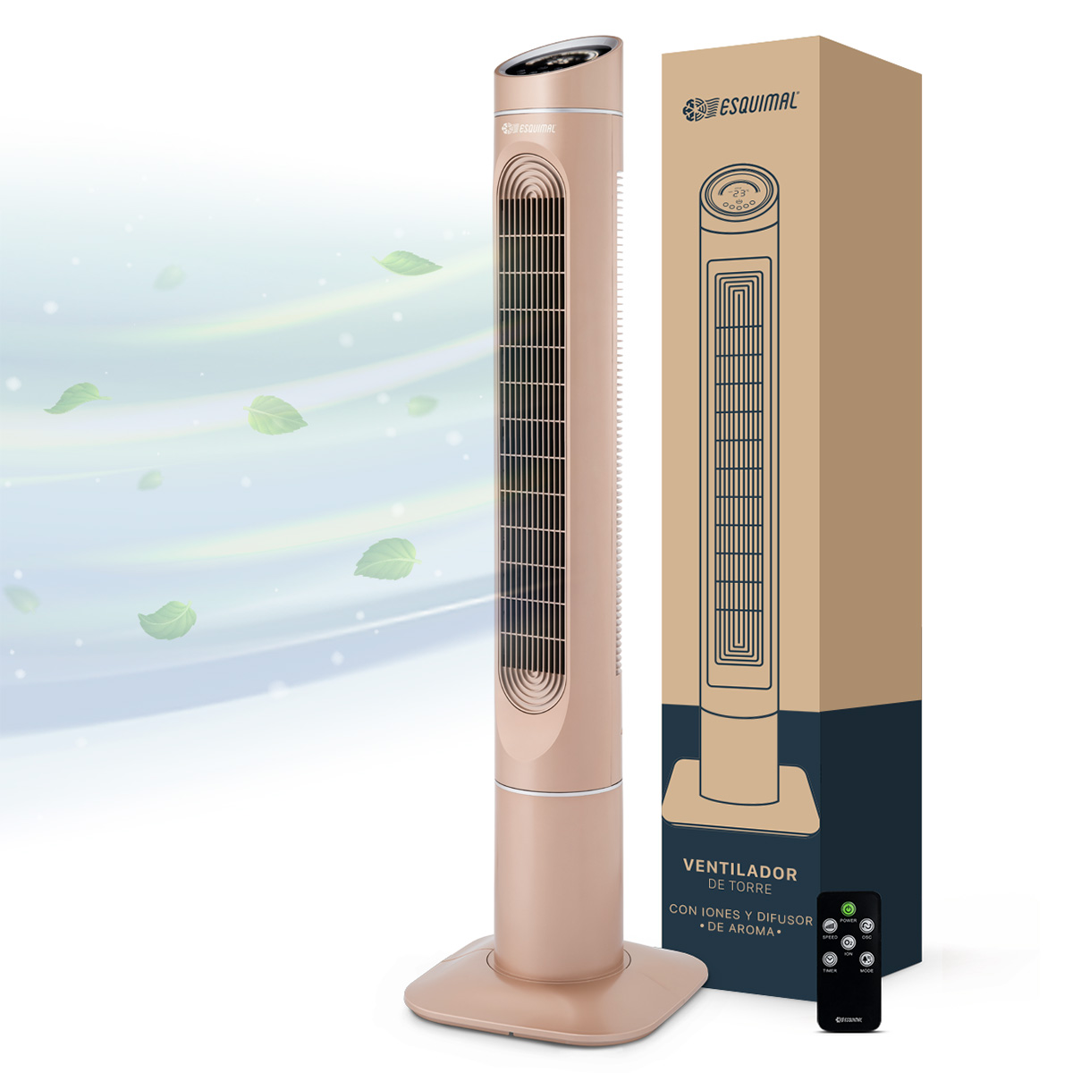 Ventilador De Torre 128 Cm Ionizador Purificador De Aire Con Caja De Aromas Esquimal Color Cobre Oscilante 90°