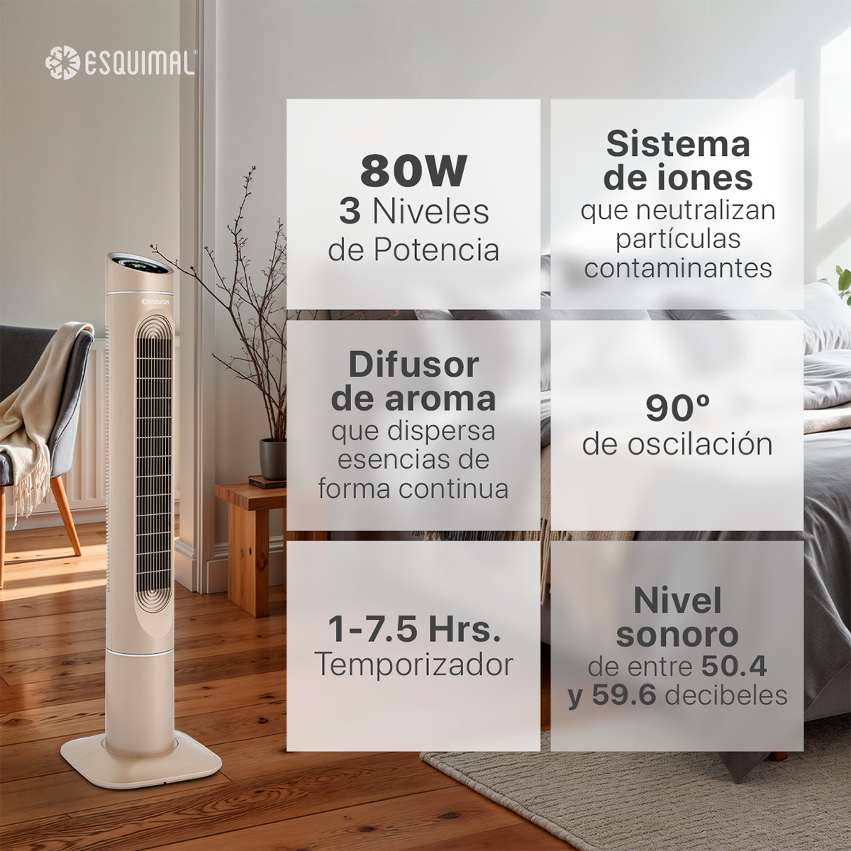 Foto 6 pulgar | Ventilador De Torre 128 Cm Ionizador Purificador De Aire Con Caja De Aromas Esquimal Color Cobre Oscilante 90°