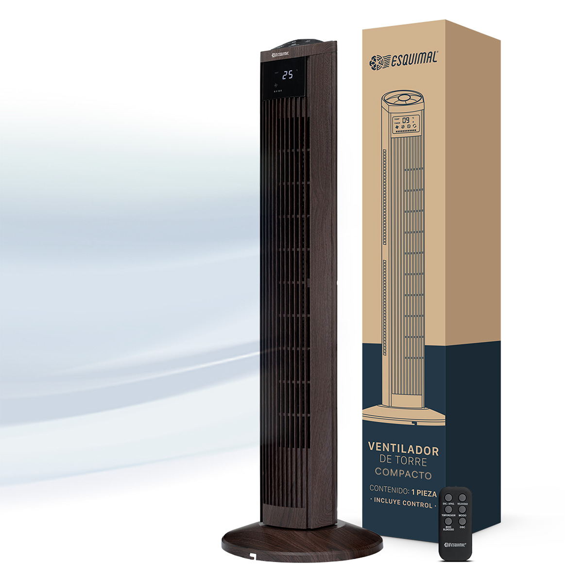 Ventilador De Torre 95 Cm Esquimal Color Café Silencioso, Oscilante 70°, 3 Velocidades Con Control Remoto
