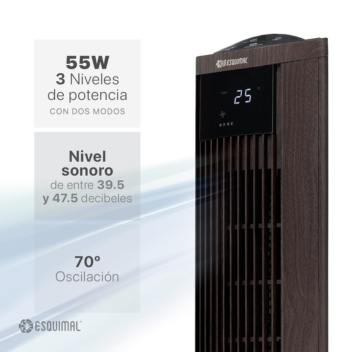 Foto 3 pulgar | Ventilador De Torre 95 Cm Esquimal Color Café Silencioso, Oscilante 70°, 3 Velocidades Con Control Remoto