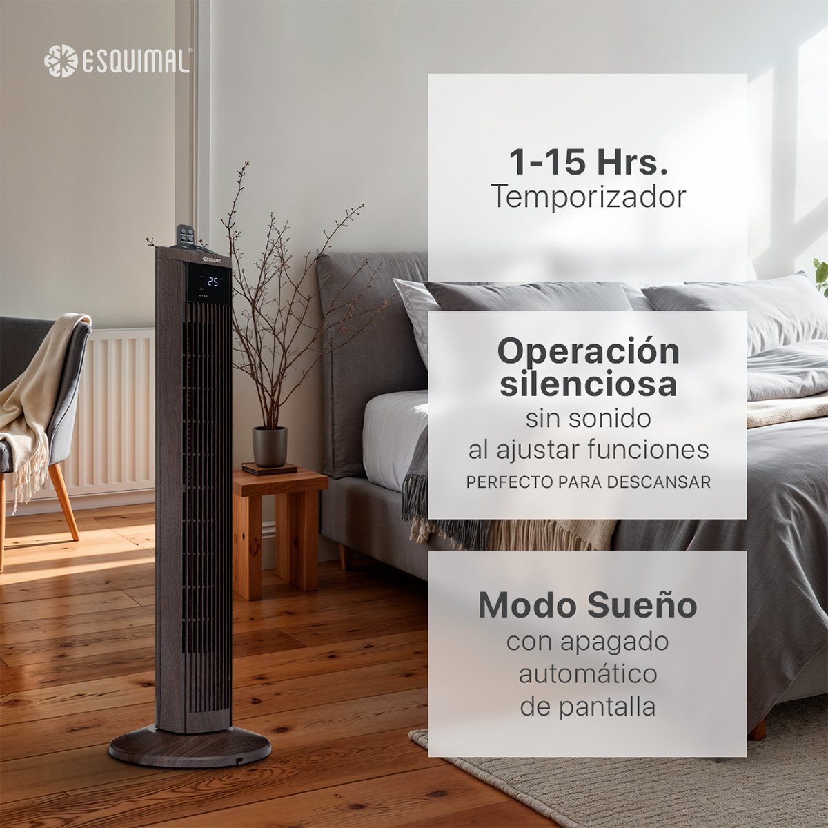 Foto 5 | Ventilador De Torre 95 Cm Esquimal Color Café Silencioso, Oscilante 70°, 3 Velocidades Con Control Remoto