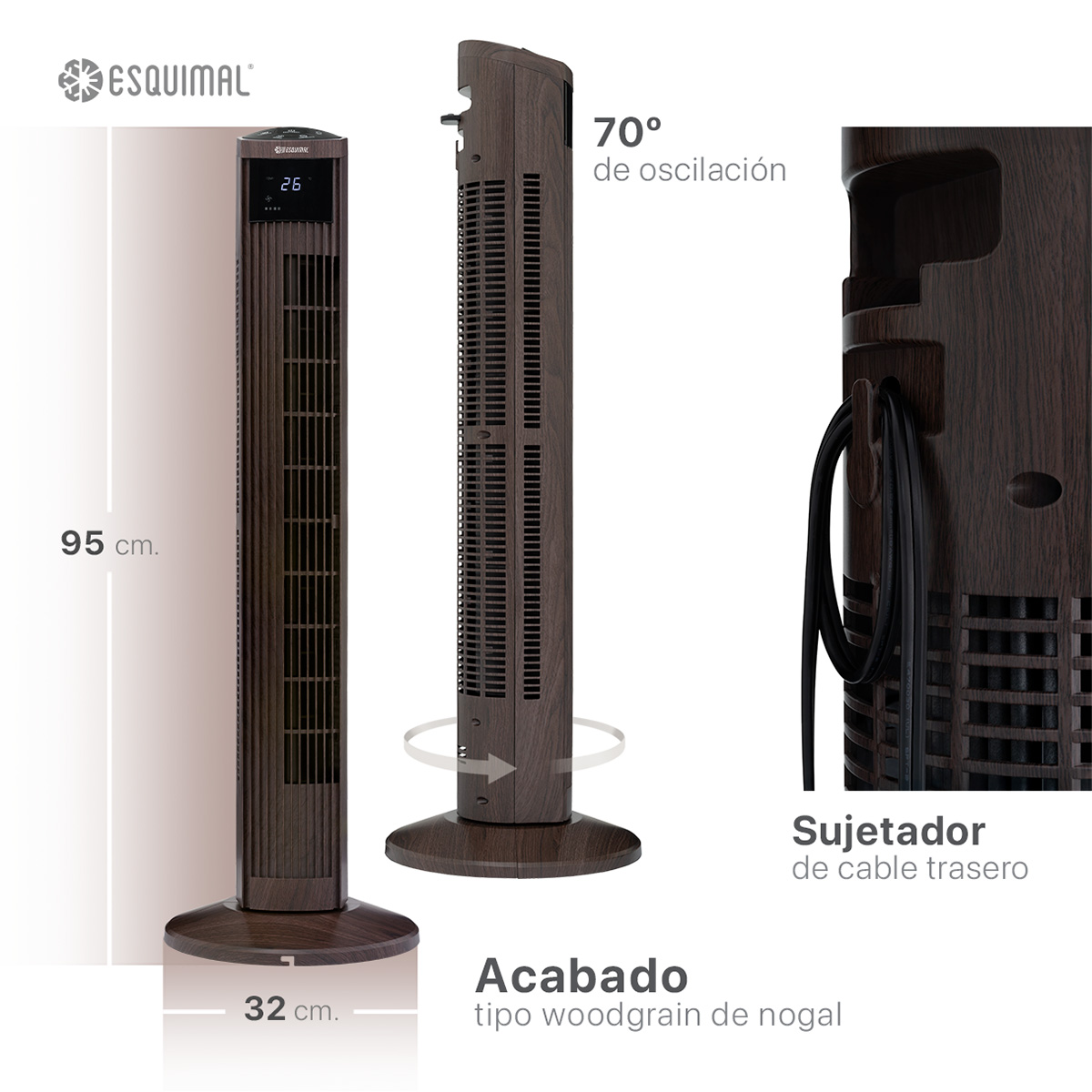 Foto 7 pulgar | Ventilador De Torre 95 Cm Esquimal Color Café Silencioso, Oscilante 70°, 3 Velocidades Con Control Remoto