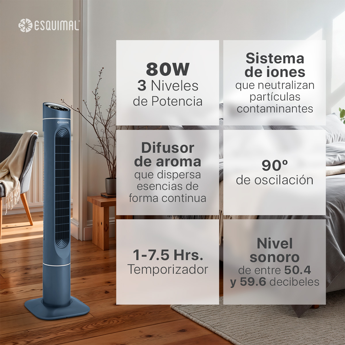 Foto 6 pulgar | Ventilador De Torre 128 Cm Ionizador Purificador De Aire Con Caja De Aromas Esquimal Color Azul Oscilante 90°