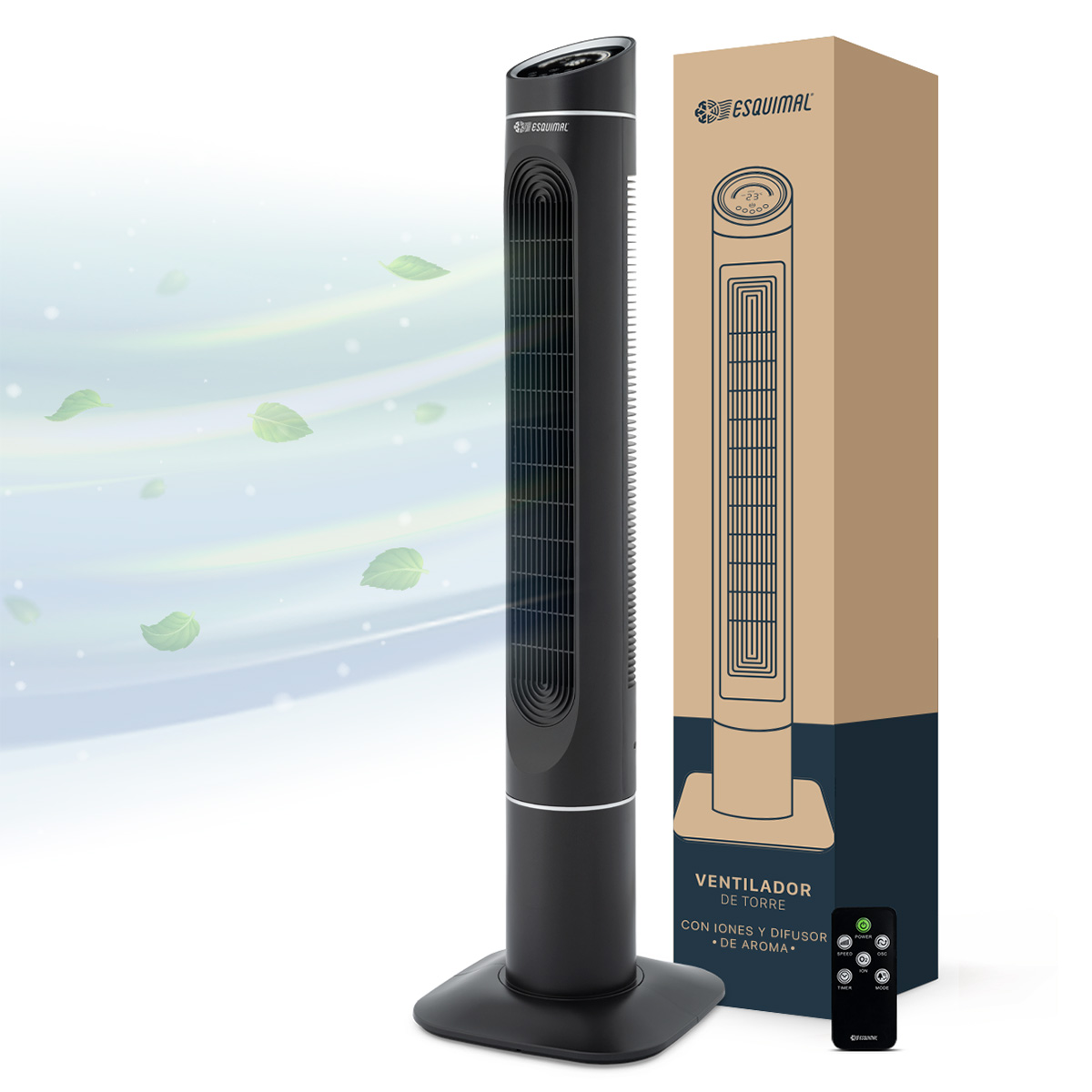 Ventilador De Torre 128 Cm Ionizador Purificador De Aire Con Caja De Aromas Esquimal Color Negro Oscilante 90°