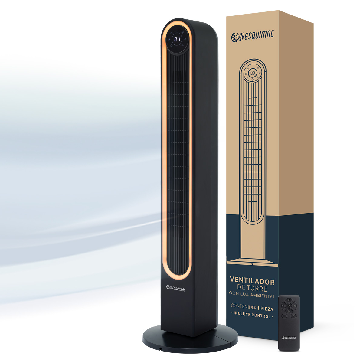 Ventilador De Torre 106 Cm Con Luz Ambiental Led Esquimal Color Negro Oscilante 150°, 3 Velocidades Con Control Remoto