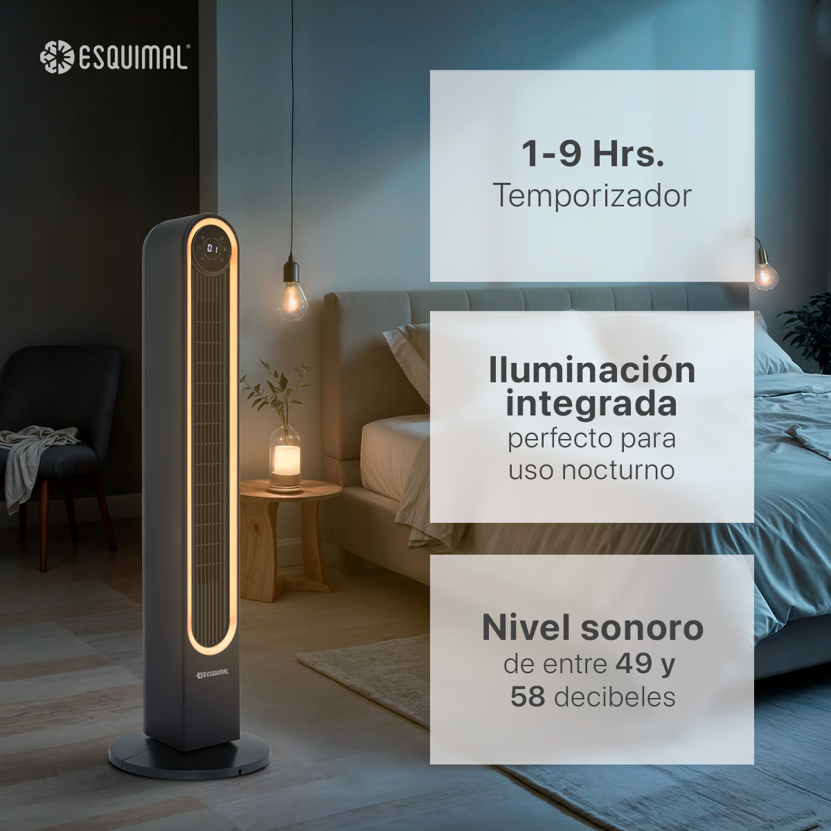 Foto 7 pulgar | Ventilador De Torre 106 Cm Con Luz Ambiental Led Esquimal Color Negro Oscilante 150°, 3 Velocidades Con Control Remoto