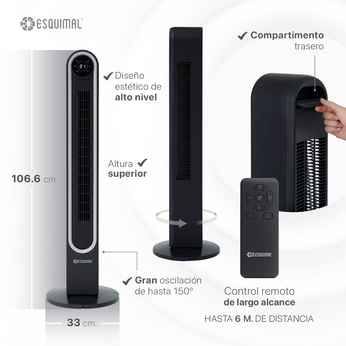 Foto 7 | Ventilador de Torre 106 cm con Luz Ambiental Led Esquimal Negro Oscilante 150° 3 Velocidades con Control Remoto