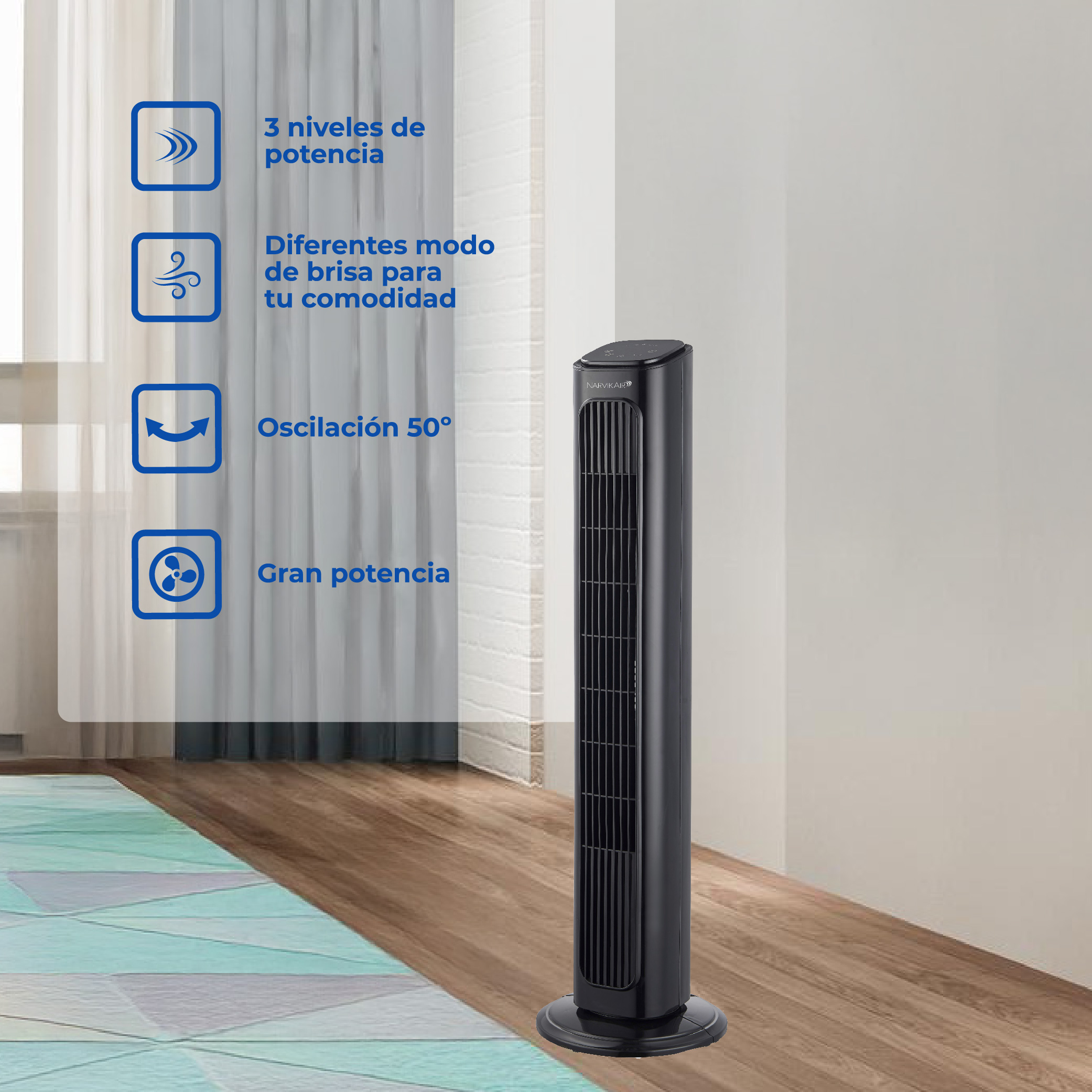 Foto 3 | Ventilador De Torre Narvik Con Control Remoto De 32 Pulgadas, Panel Touch, 3 Velocidades, Oscilación De 50°