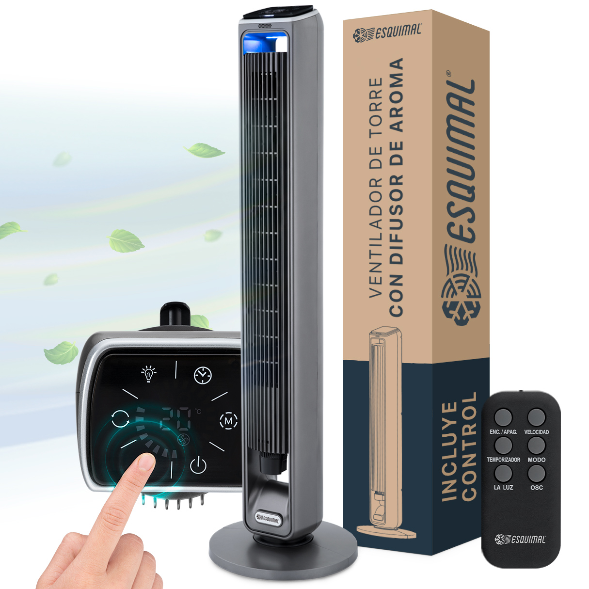 Ventilador De Torre 107 Cm Con Caja De Aromas Esquimal Color Plateado Silencioso, Oscilante 70°, 3 Velocidades