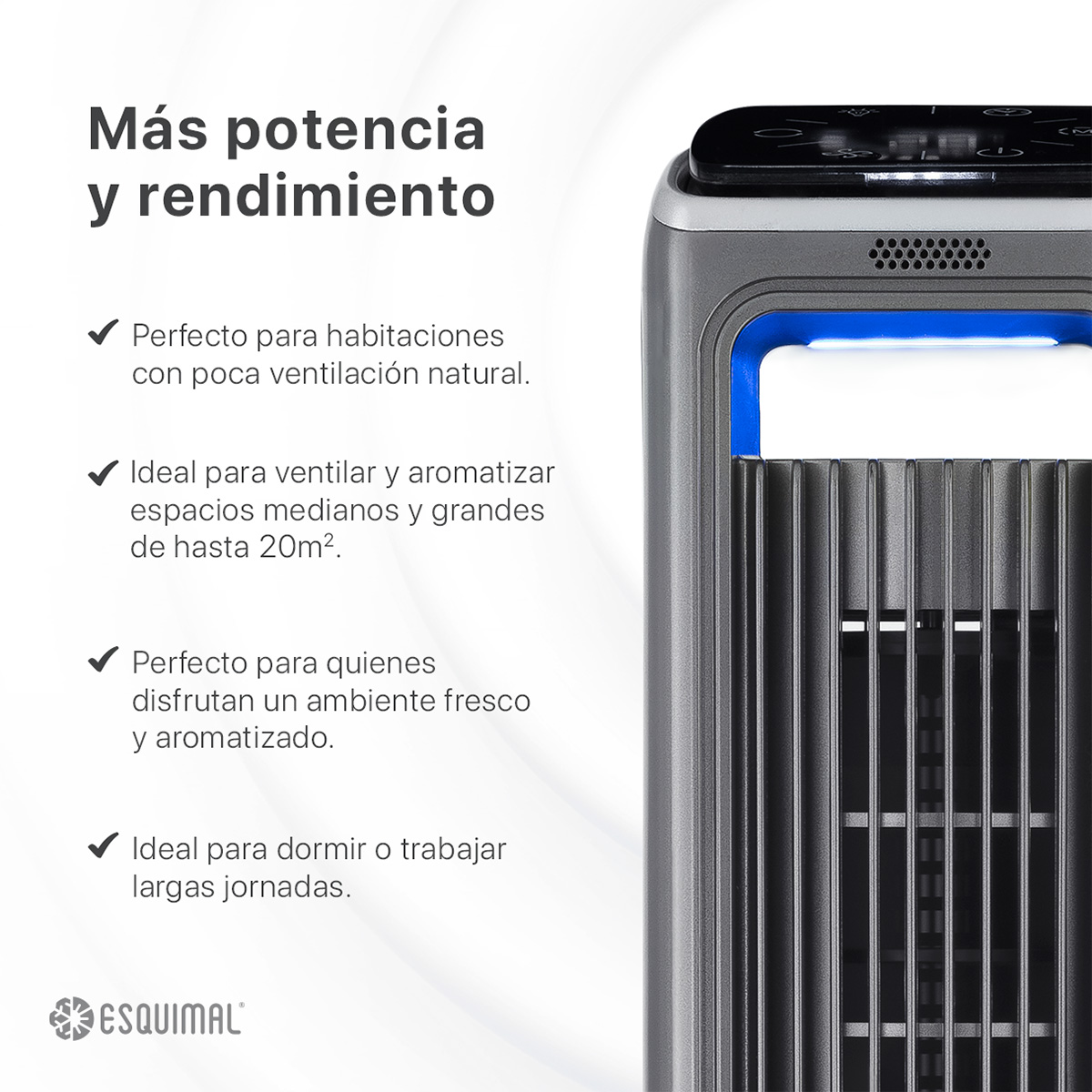 Foto 5 pulgar | Ventilador De Torre 107 Cm Con Caja De Aromas Esquimal Color Plateado Silencioso, Oscilante 70°, 3 Velocidades