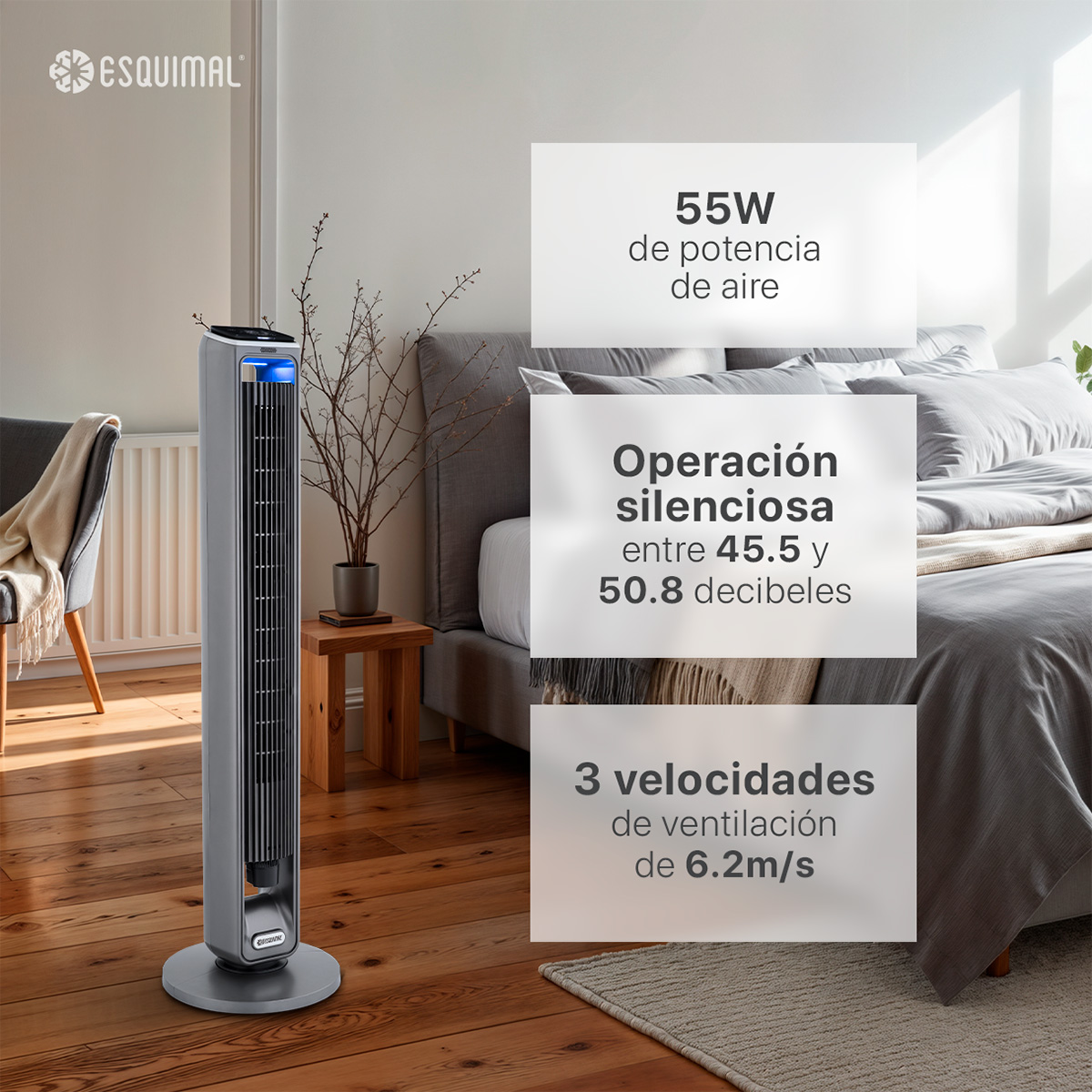 Foto 5 | Ventilador De Torre 107 Cm Con Caja De Aromas Esquimal Color Plateado Silencioso, Oscilante 70°, 3 Velocidades