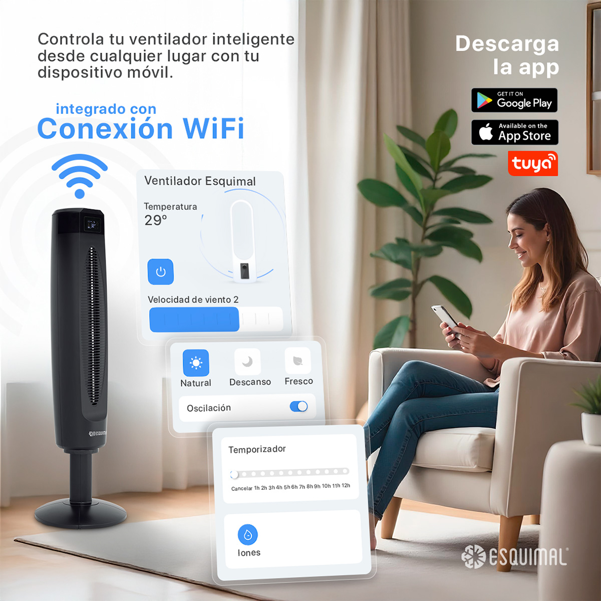 Foto 4 pulgar | Ventilador de Torre 85 cm Ionizador Esquimal Wifi Inteligente Silencioso Oscilante 80° Temporizador 12 Hrs