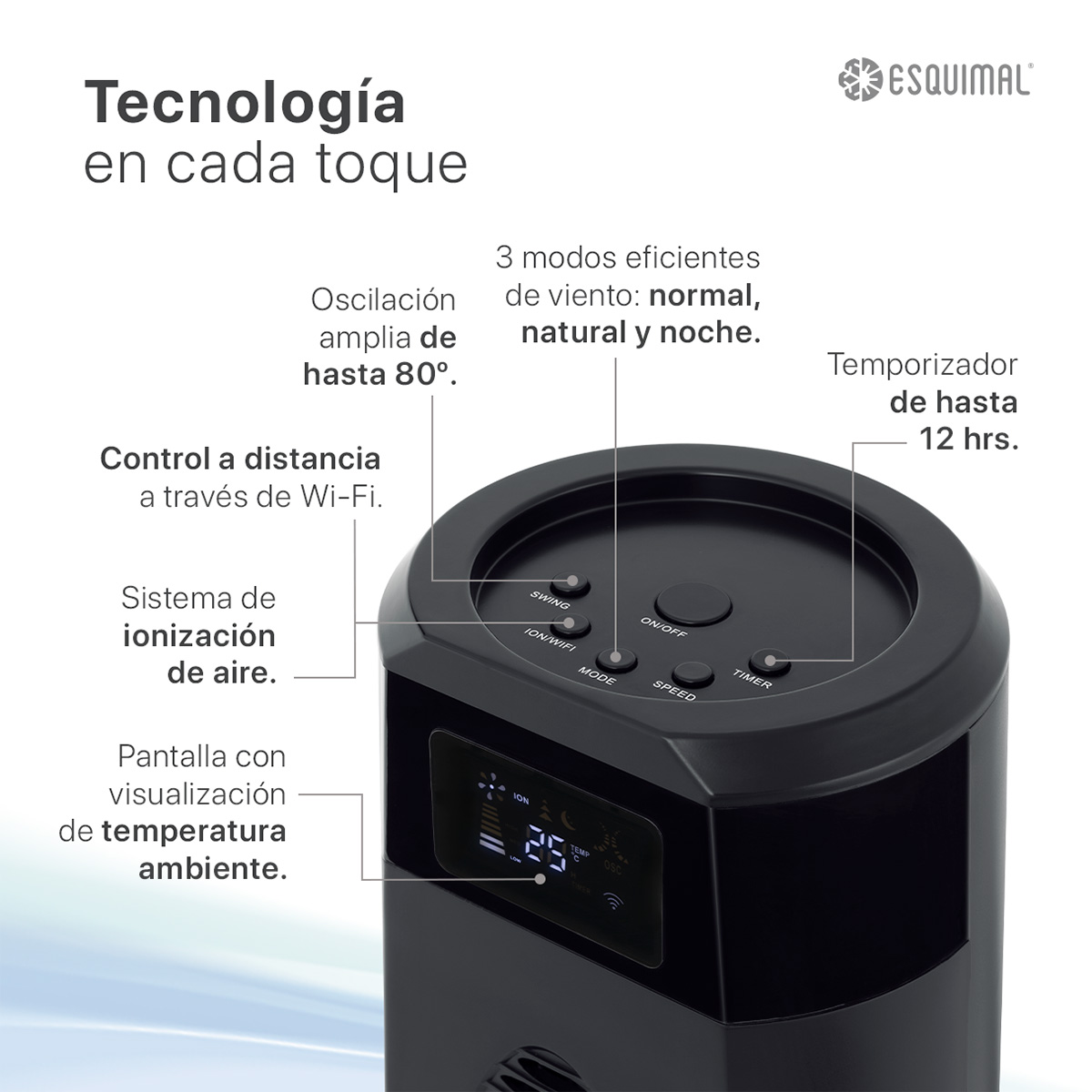 Foto 6 pulgar | Ventilador de Torre 85 cm Ionizador Esquimal Wifi Inteligente Silencioso Oscilante 80° Temporizador 12 Hrs