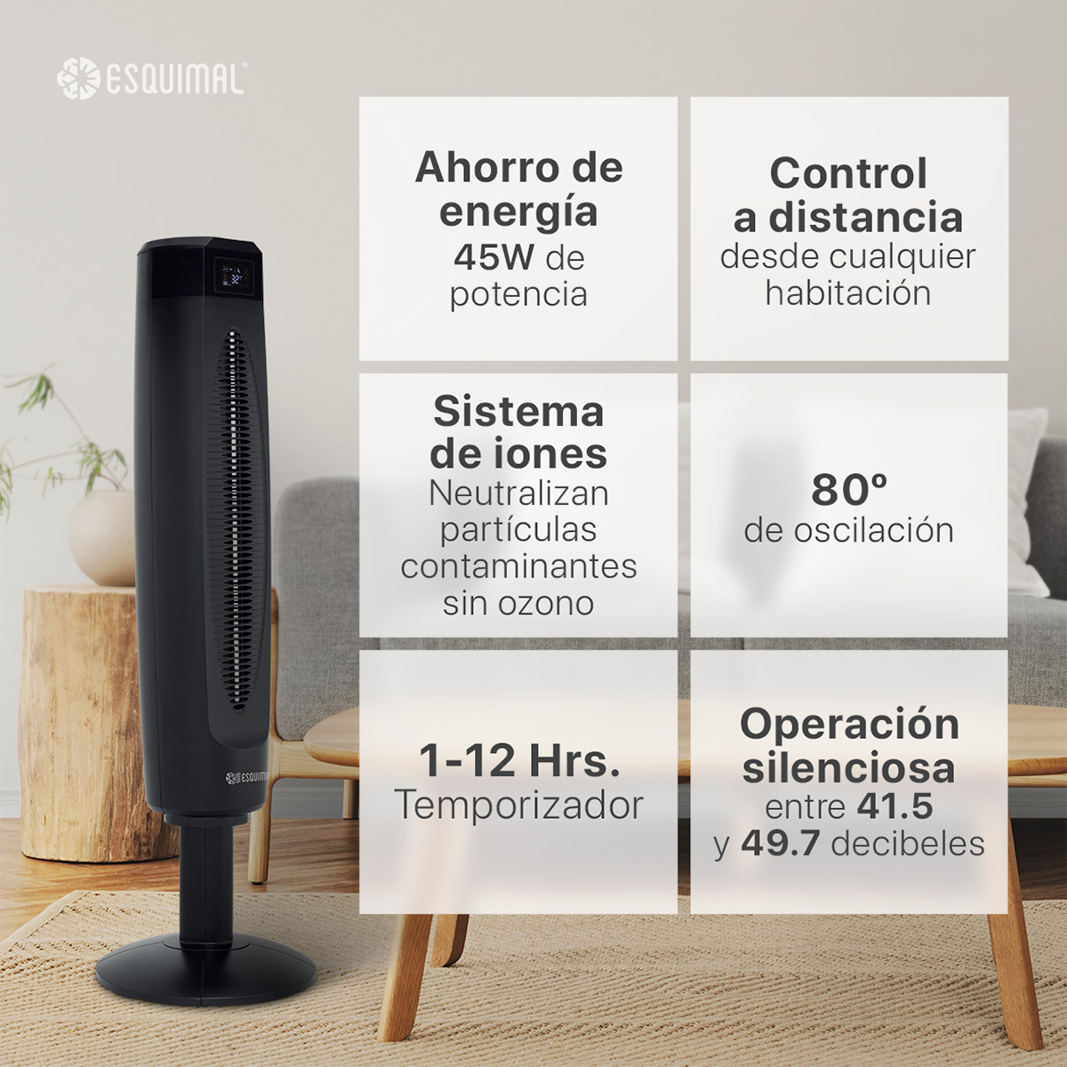 Foto 7 pulgar | Ventilador de Torre 85 cm Ionizador Esquimal Wifi Inteligente Silencioso Oscilante 80° Temporizador 12 Hrs
