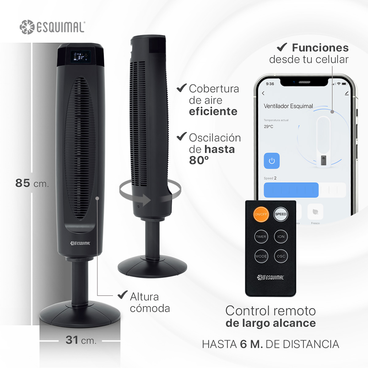 Foto 7 | Ventilador de Torre 85 cm Ionizador Esquimal Wifi Inteligente Silencioso Oscilante 80° Temporizador 12 Hrs