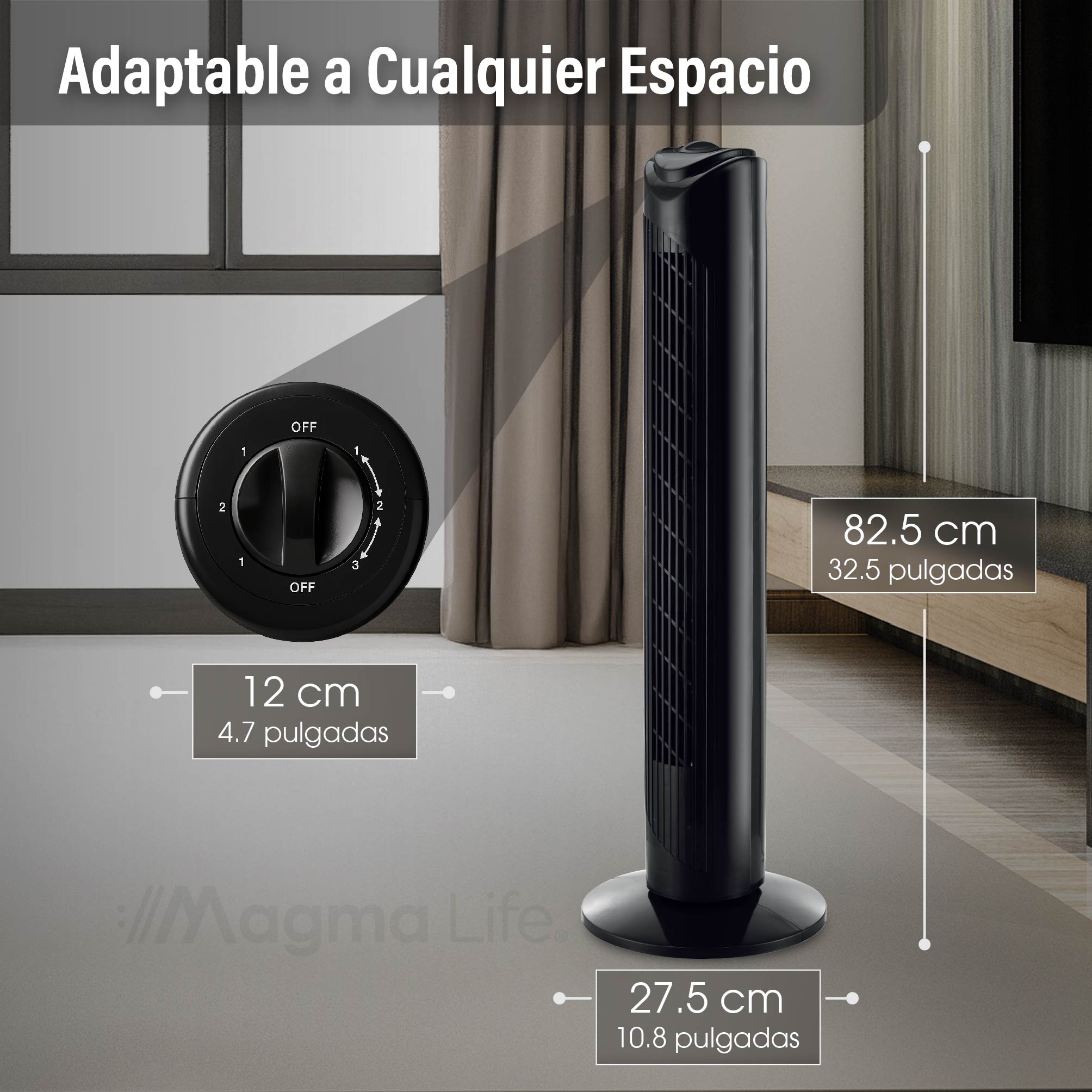 Foto 9 pulgar | Magma Life Ventilador De Torre 83 Cm, 3 Velocidades, Oscilación 75°, Silencioso, Ahorro De Energía, Ideal Para