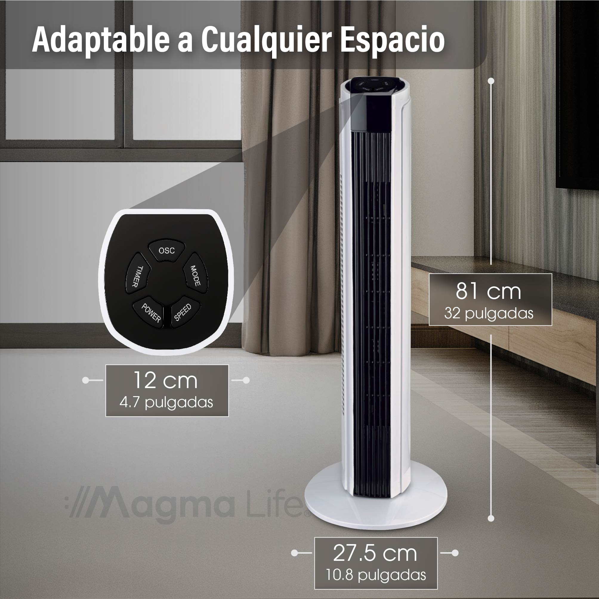Foto 3 | Magma Life Ventilador De Torre 83 Cm, 3 Velocidades, Oscilación 75°, Silencioso, Temporizador 7.5 H, Panel De Control