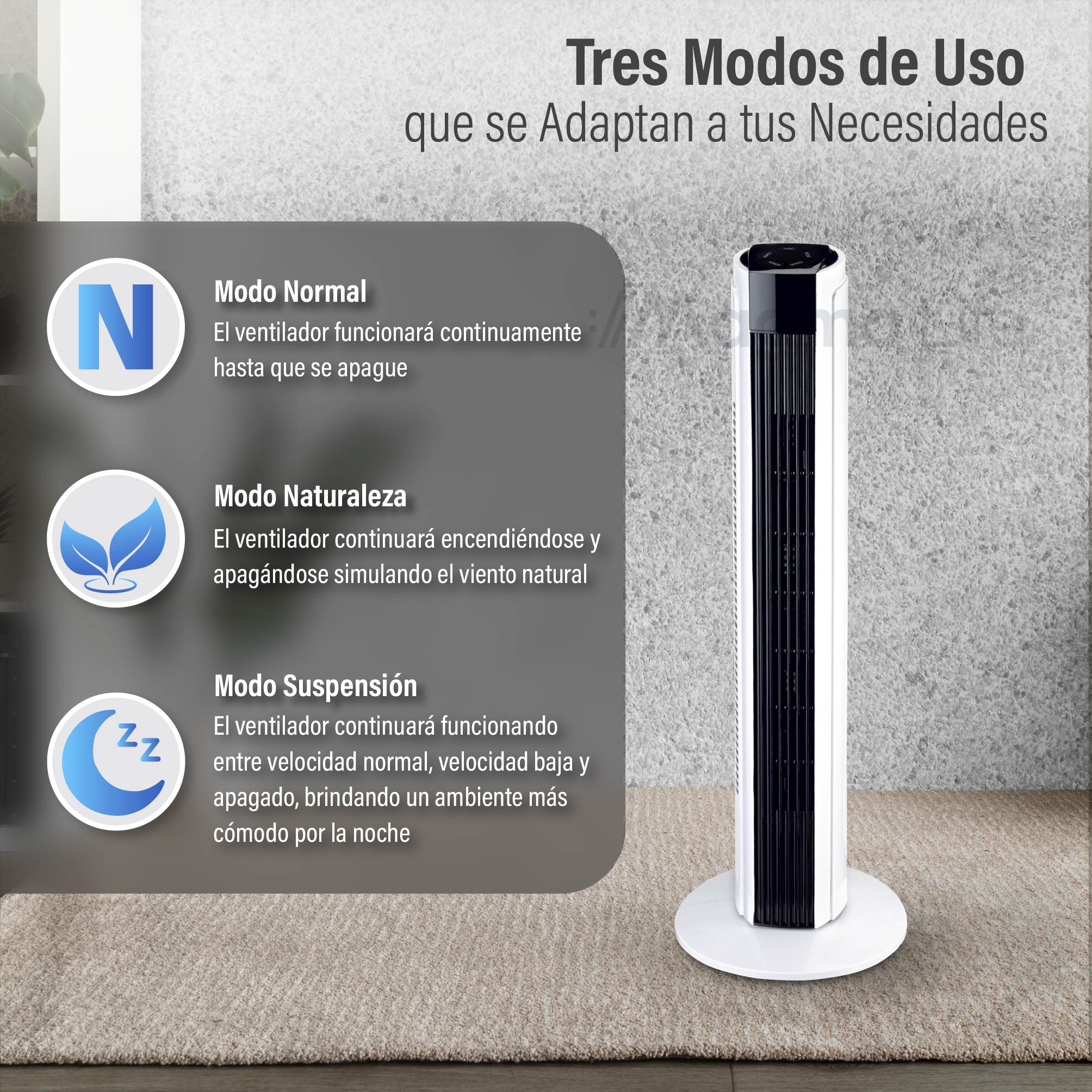 Foto 6 pulgar | Magma Life Ventilador De Torre 83 Cm, 3 Velocidades, Oscilación 75°, Silencioso, Temporizador 7.5 H, Panel De Control