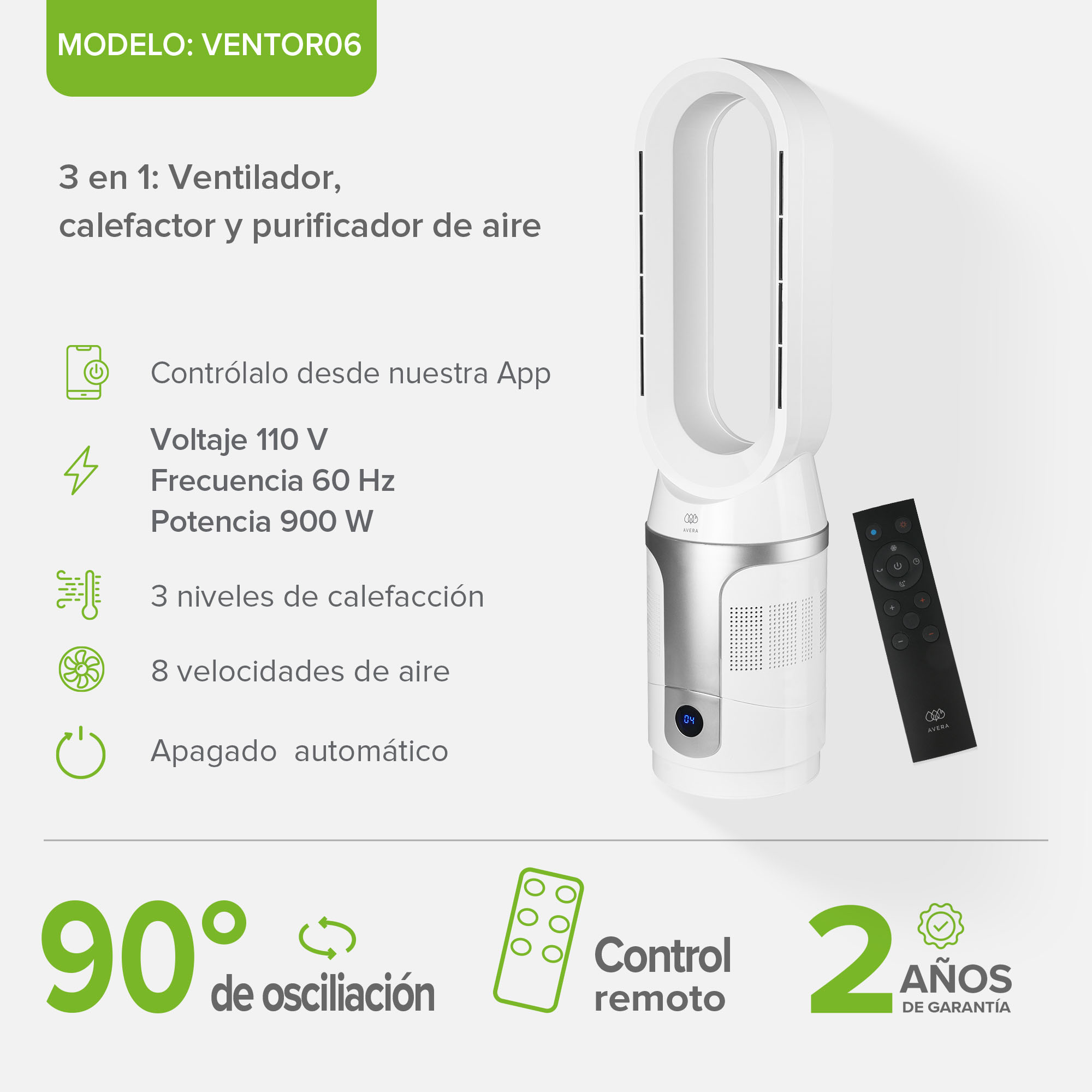 Foto 4 pulgar | Ventilador Calefactor y Purificador de Aire Avera Ventor06 Blanco 3 en 1 8 Velocidades Aire y 3 Niveles de Calefacción