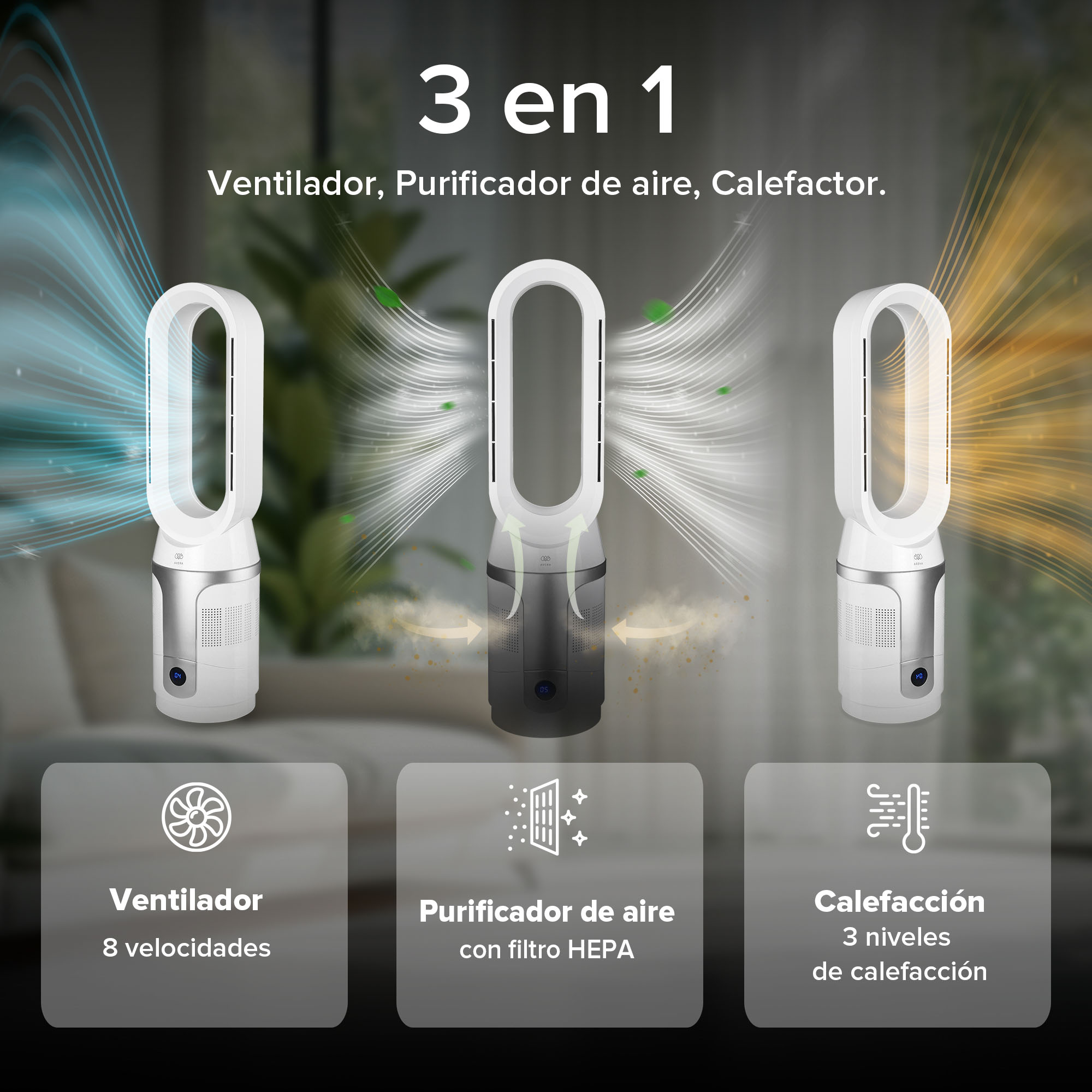 Foto 6 pulgar | Ventilador Calefactor y Purificador de Aire Avera Ventor06 Blanco 3 en 1 8 Velocidades Aire y 3 Niveles de Calefacción