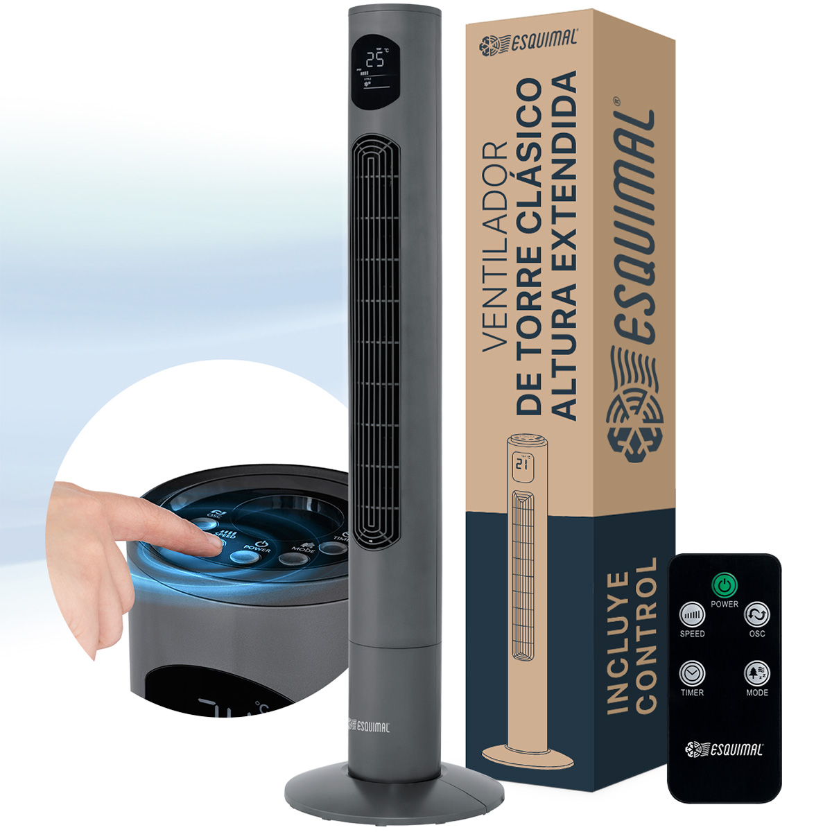 Foto 2 pulgar | Ventilador de Torre 116 cm Esquimal Silencioso Pantalla Led Oscilante 90° 3 Velocidades Temporizador 12 Hrs