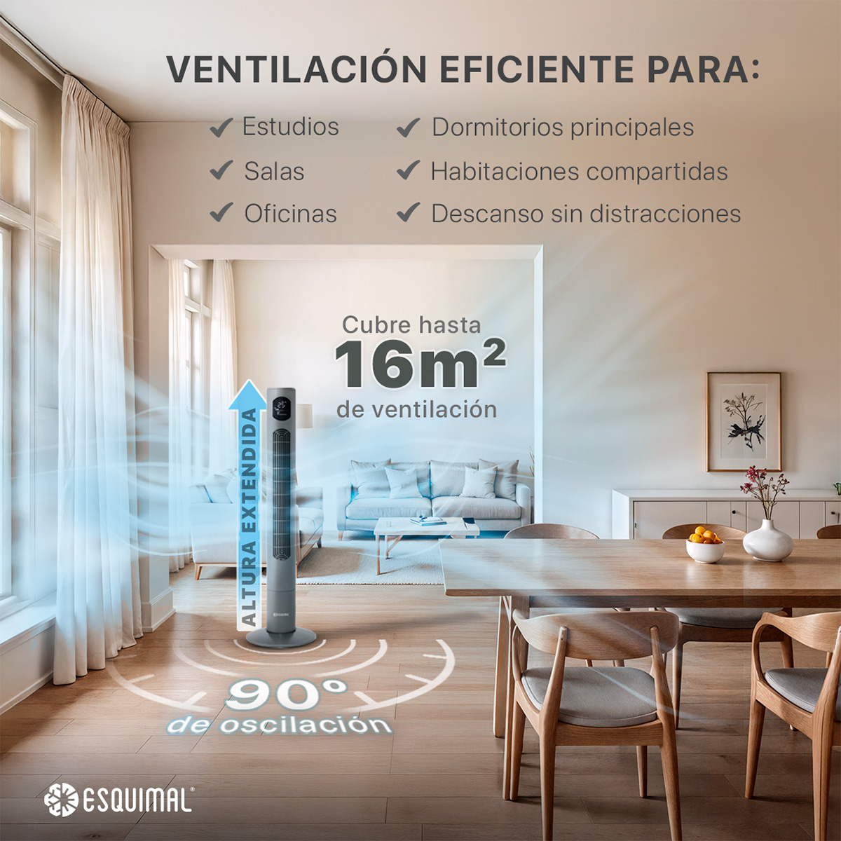 Foto 6 pulgar | Ventilador de Torre 116 cm Esquimal Silencioso Pantalla Led Oscilante 90° 3 Velocidades Temporizador 12 Hrs