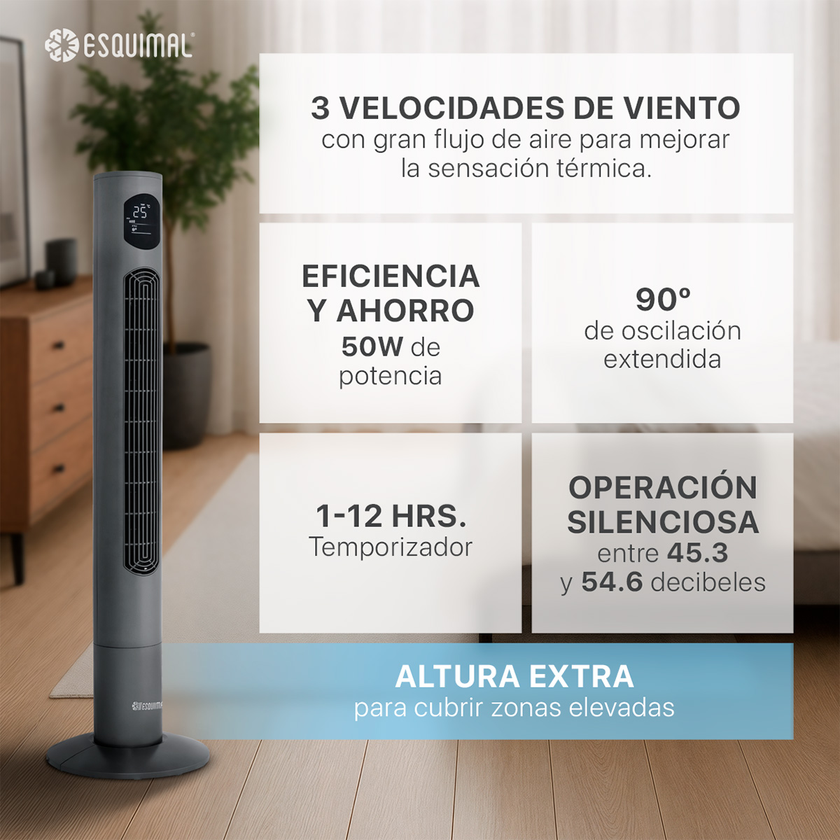 Foto 7 pulgar | Ventilador de Torre 116 cm Esquimal Silencioso Pantalla Led Oscilante 90° 3 Velocidades Temporizador 12 Hrs