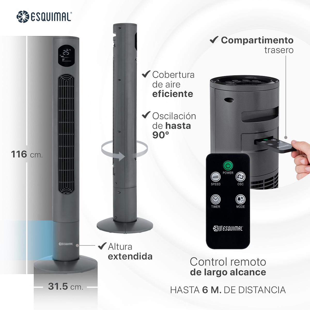 Foto 8 pulgar | Ventilador de Torre 116 cm Esquimal Silencioso Pantalla Led Oscilante 90° 3 Velocidades Temporizador 12 Hrs